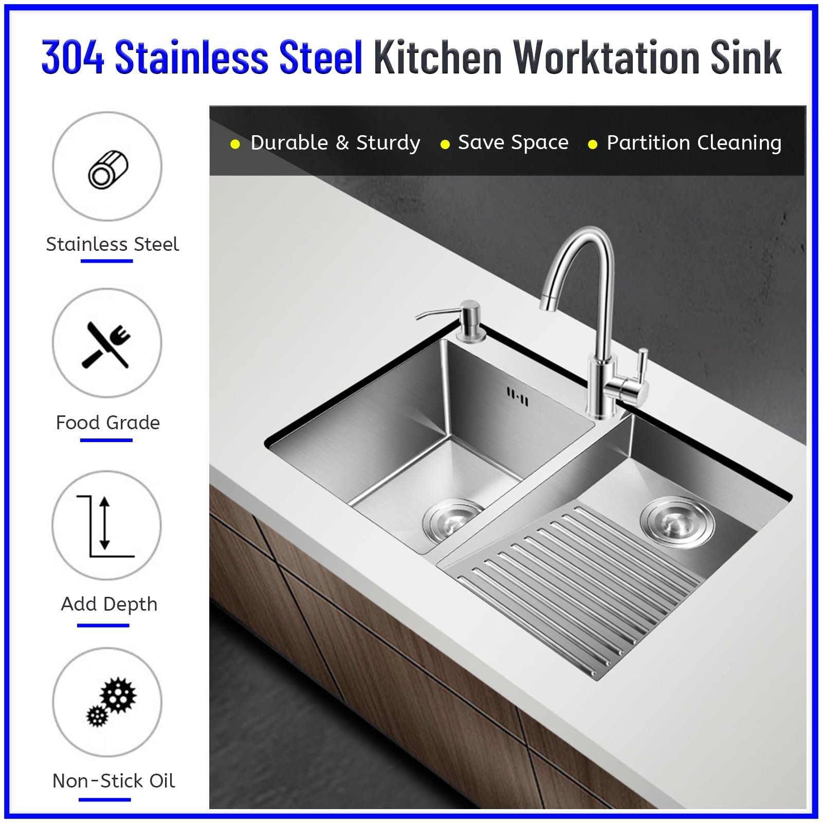 Fregadero para Lavandería, Tina De Lavado con Panel De 4 Mm De Grosor, Lavabo De Acero Inoxidable, Lavabo para Estación De Trabajo Grande con Válvula De Ángulo, Kit De Drenaje (Color : Right, S : 80