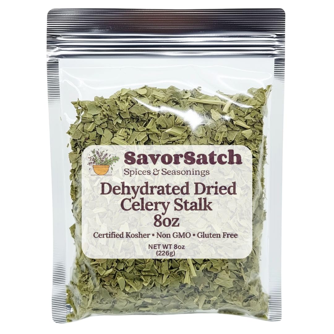 SavorSatch Dehydrated Dried Celery Flakes, Crosscut – 8oz Resealable Pouch | Dried Vegetables for Cooking, Soups, Stews, Camping, Emergency Supply | Certified Kosher