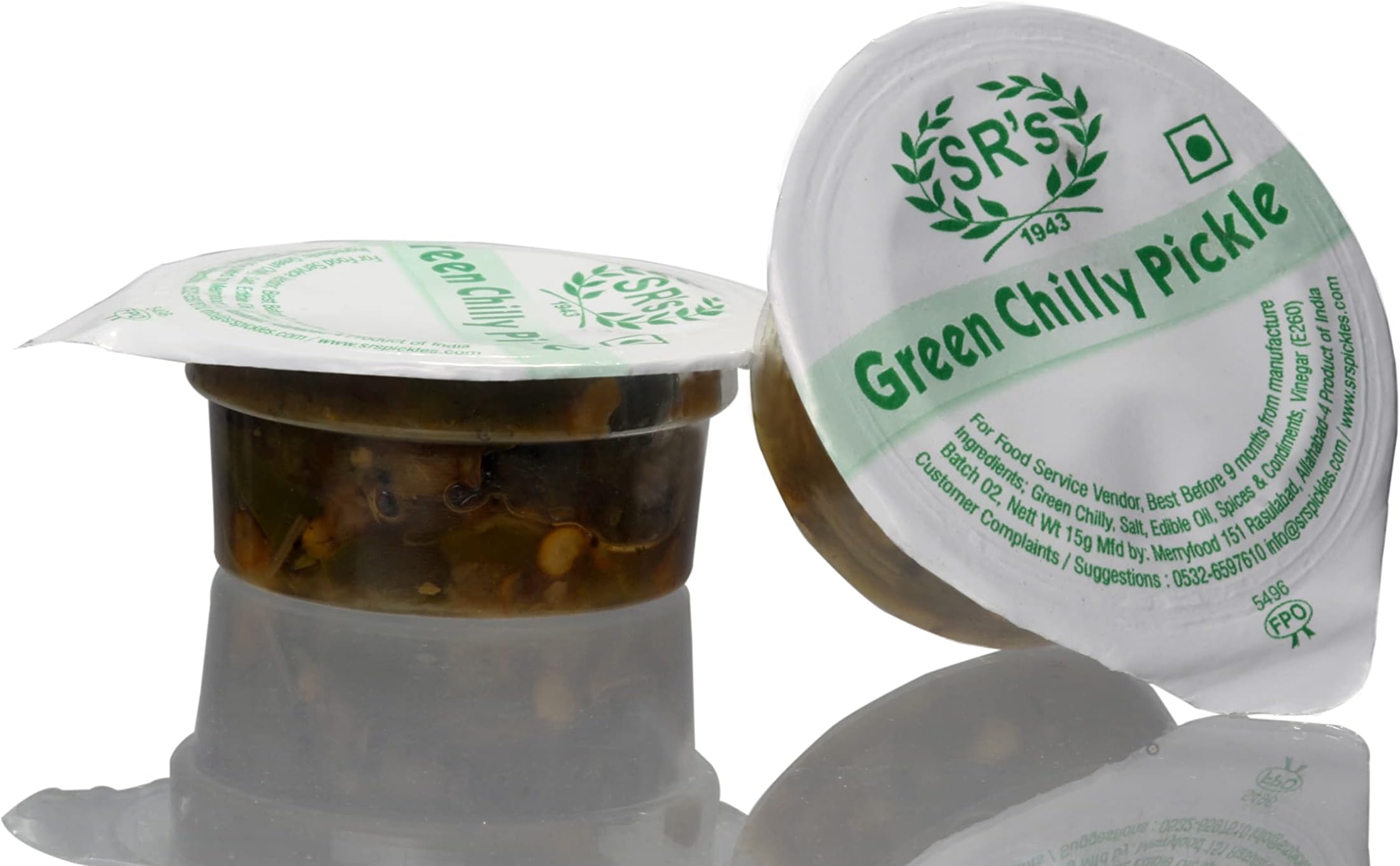 (SR's) GREEN CHILLI PICKLE 15 gm CHOTU PACK (PACK OF 48) BLISTER PACK. PORTION PACK. INDIAN FLAVOR. NO ARTIFICIAL COLOR AND FLAVORS. GLUTEN FREE. 77 YEARS OF TRUST