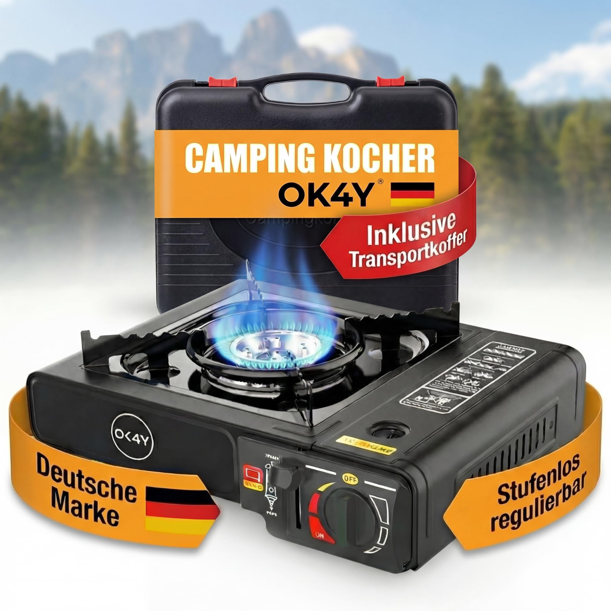 Réchaud de camping à gaz de marque allemande avec mallette pour cuisiner en plein air