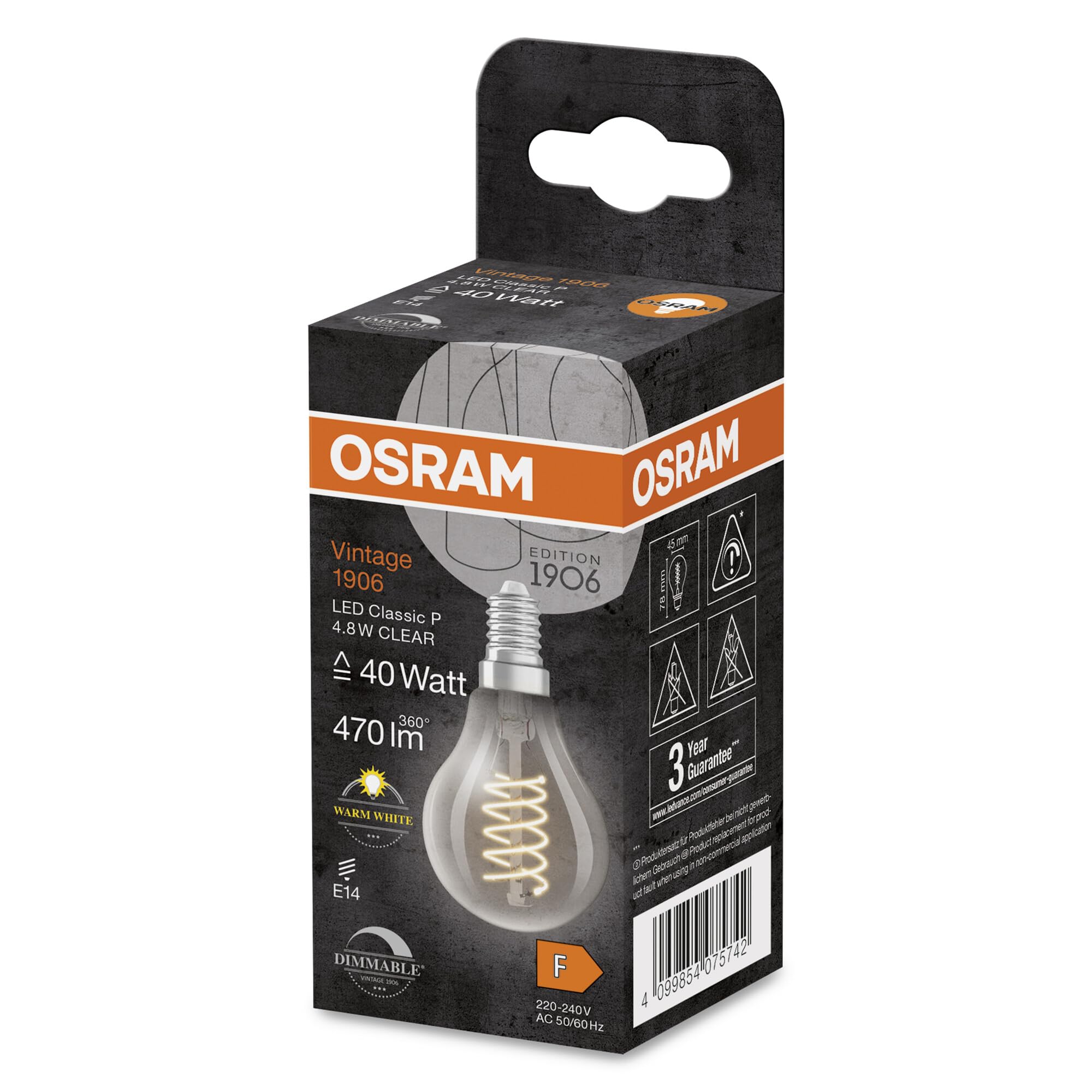Osram Vintage 1906 Classic P FIL LED-Lampe, Miniball, E14, klar, 4,8W, 470lm, 2700K, warmweißes Licht, dimmbar, neues, ultraschlankes Filament, sehr geringer Energieverbrauch, lange Lebensdauer