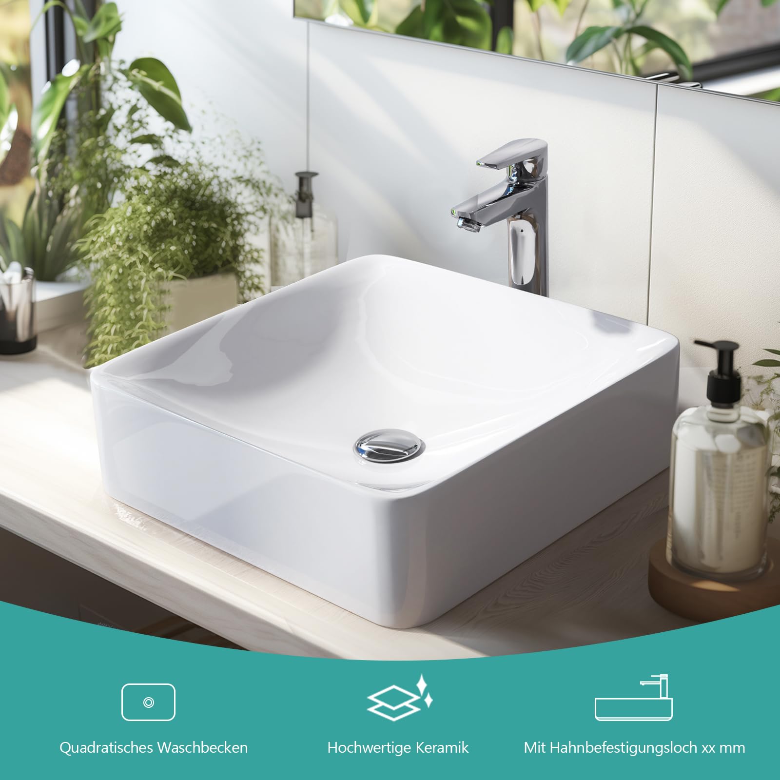 EMKE Lavabo de encimera, 40 x 40 x 12 cm, pequeño lavabo para invitados, lavabo de baño, lavabo de cerámica, lavabo cuadrado, color blanco