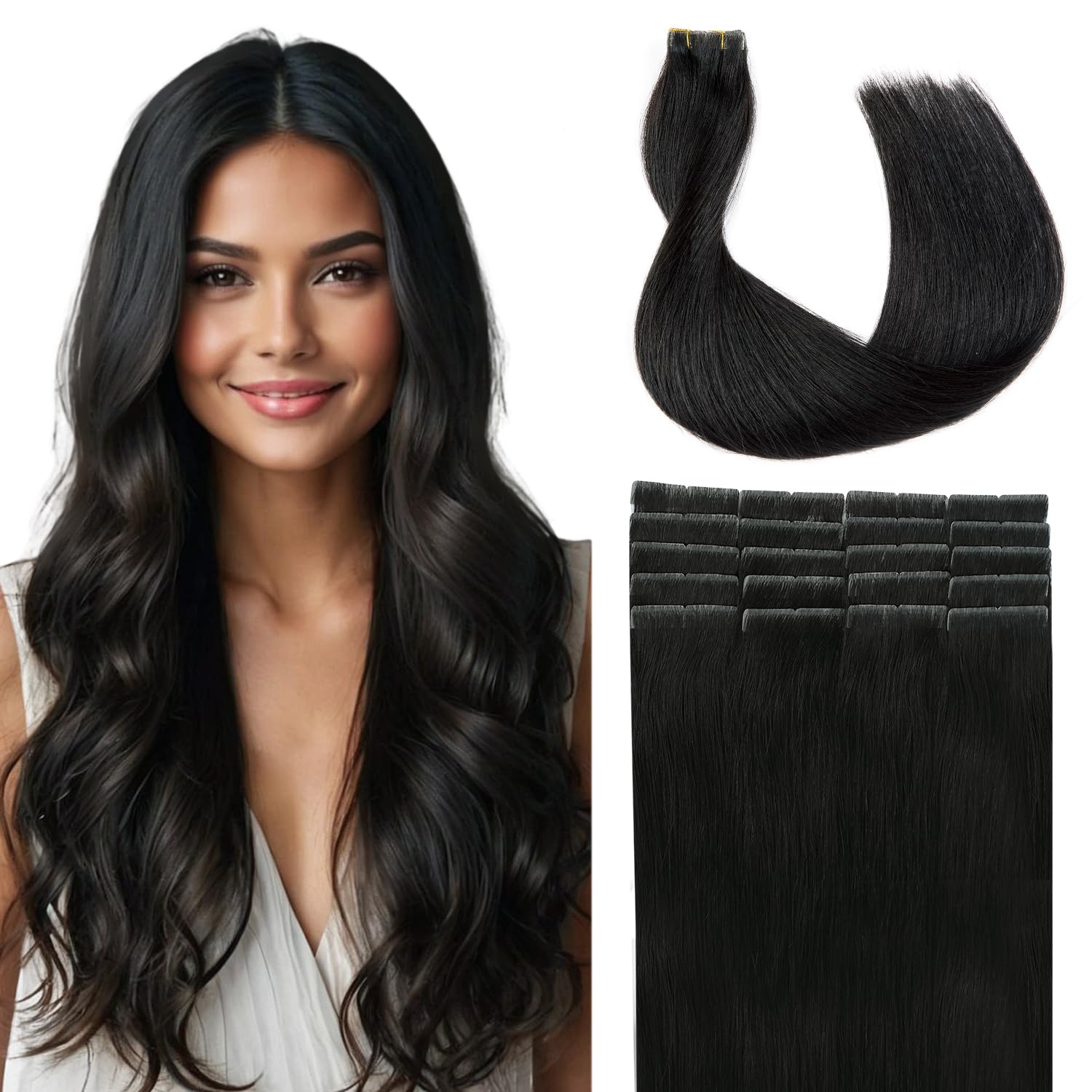SURNEL Injected Tape in Hair Extensions 20 Inch Natural Black Natural Real Hair Extension Upgraded Seamless Remy Invisible Skin Weft Straight 20 Pcs 45g(#1B-20)