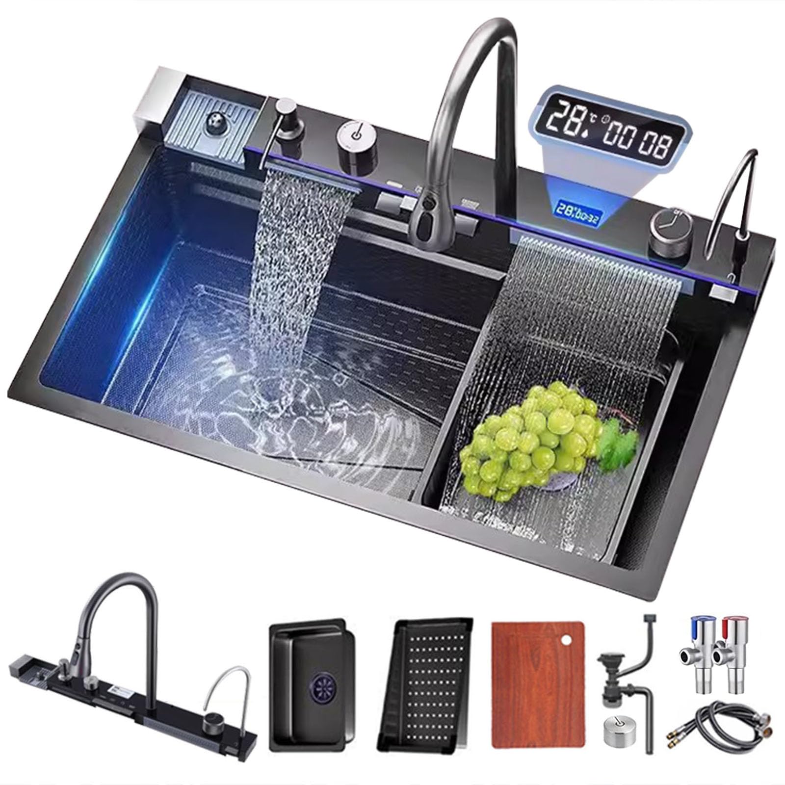 Photo 1 of FIVIXIL Kitchen sink double waterfall sink with LED display with cup washer, soap dispenser, waterfall mixer, worktop controller, etc. workstation kitchen sink (Gun grey, 35.4 * 19.7 * 8.7 IN)