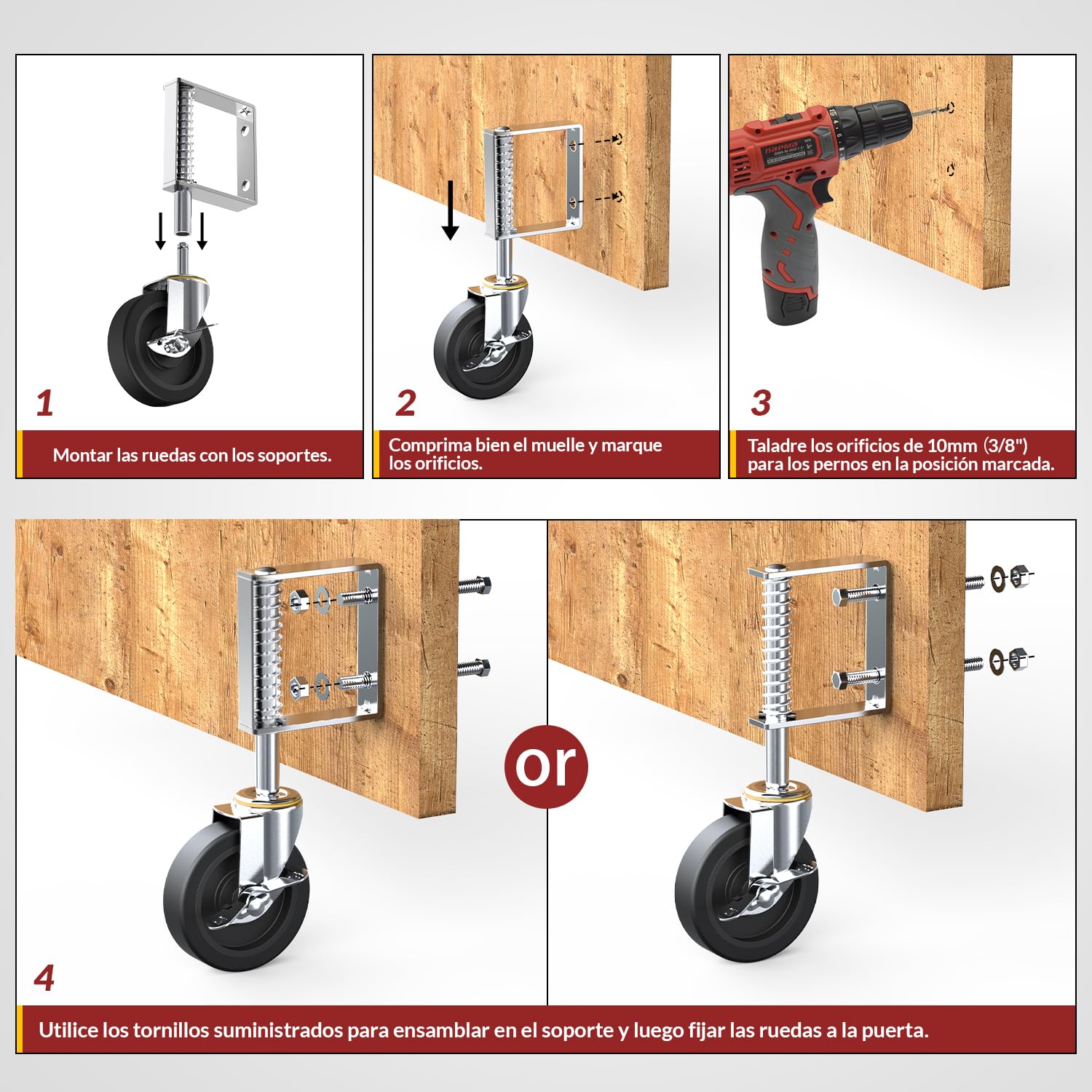 HOLKIE Rueda Giratoria de 100 mm para portón,ruedas con muelle para puertas pesadas de madera y vallas,capacidad de carga 100 kg (2 piezas)