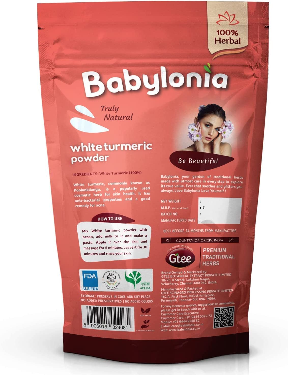QURA Babylonia Cúrcuma Blanca | Kichili Kilangu | Polvo Poolankilangu para el cuidado de la piel, 100 g