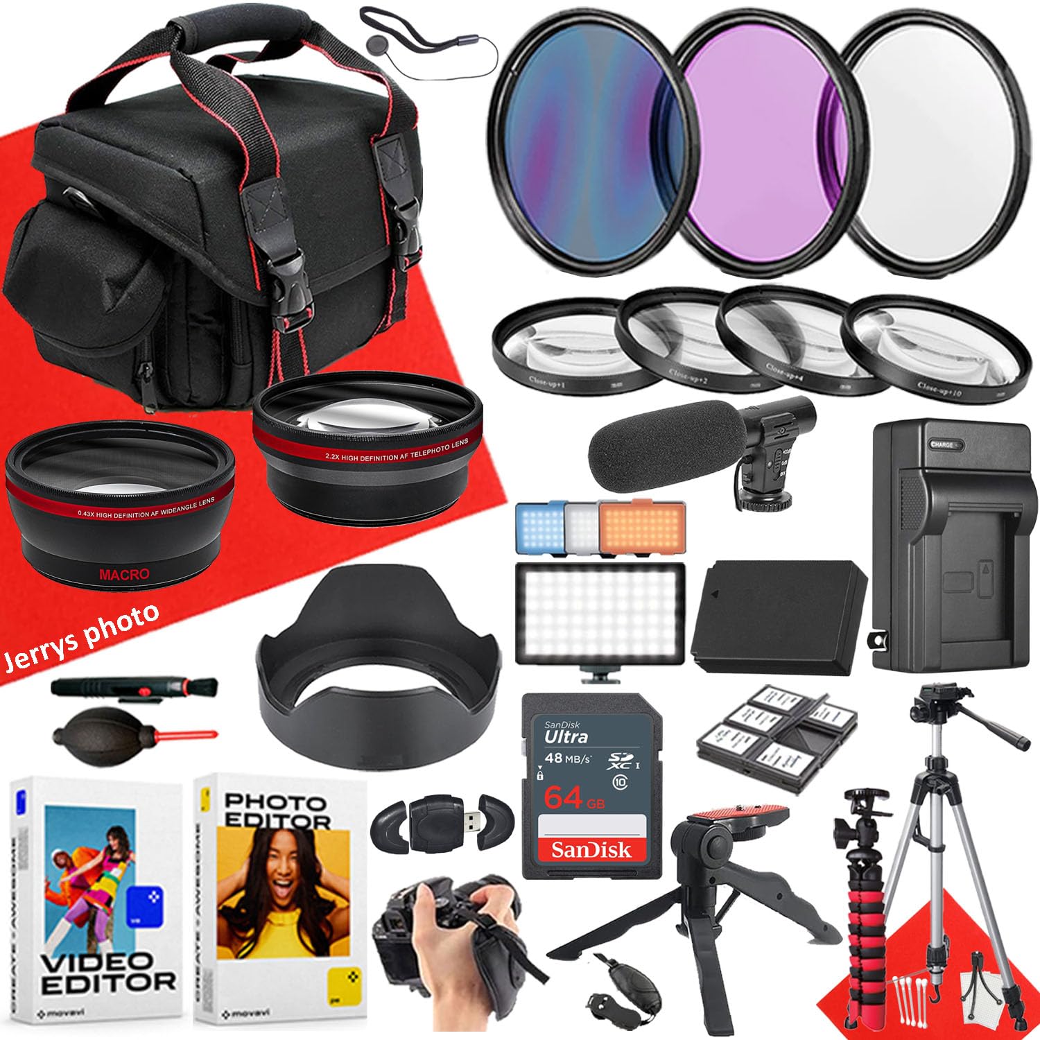 49mm Accessory Bundle for Canon EOS: M100, M200, M50 Mark II, M10, M, M50 + LED Light + Microphone + Wide Angle and Telephoto Lens + Filters + More (28pc Bundle)