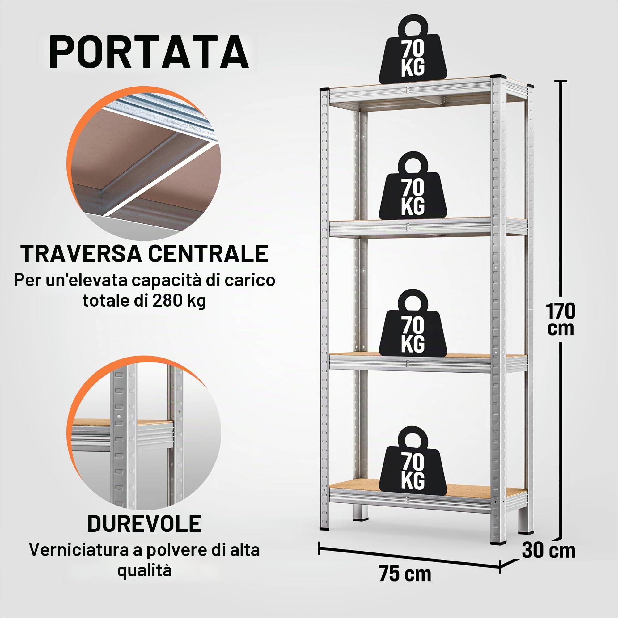 Deuba Scaffale ad alta portata 2 pezzi in metallo capacità di carico totale kg 170x75x30cm 4 ripiani in MDF
