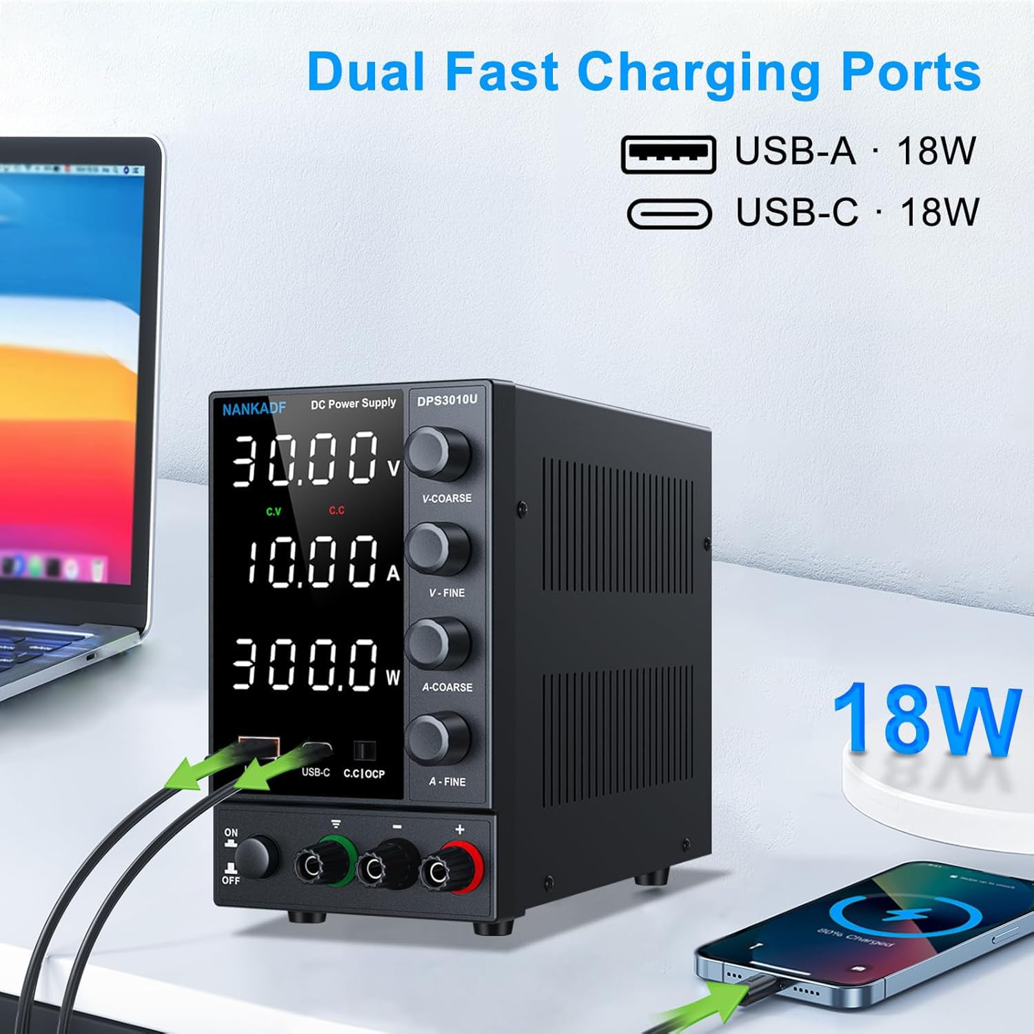 Labornetzteil 30 V 10 A, Variables DC-Netzteil mit USB-A/Typ-c-Schnellladeanschluss, Labornetzgerät mit hochpräzisem 4-Stellige LED-Anzeige Gebereinstellknopf