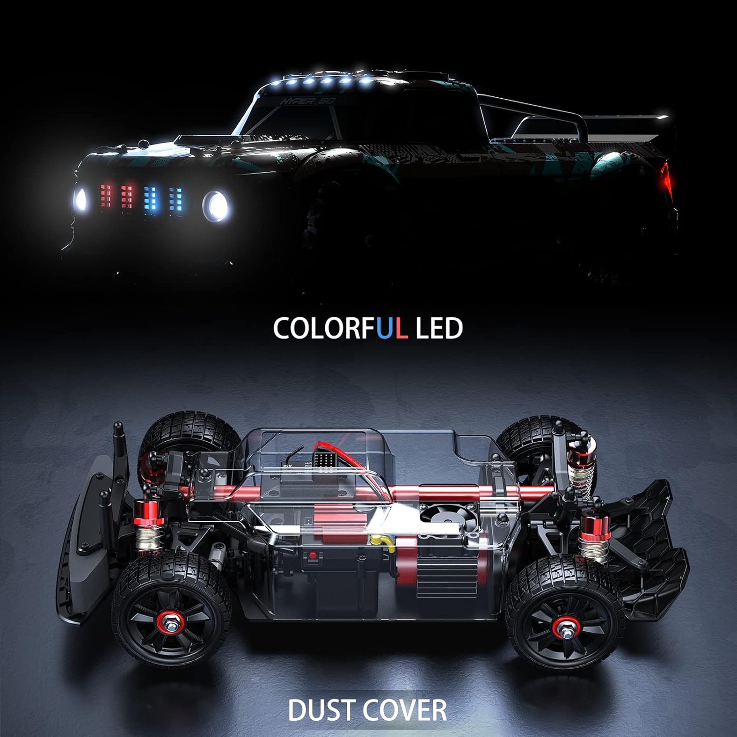 Top view of the RC car showing colorful LED lights and a transparent view of the chassis with a dust cover.