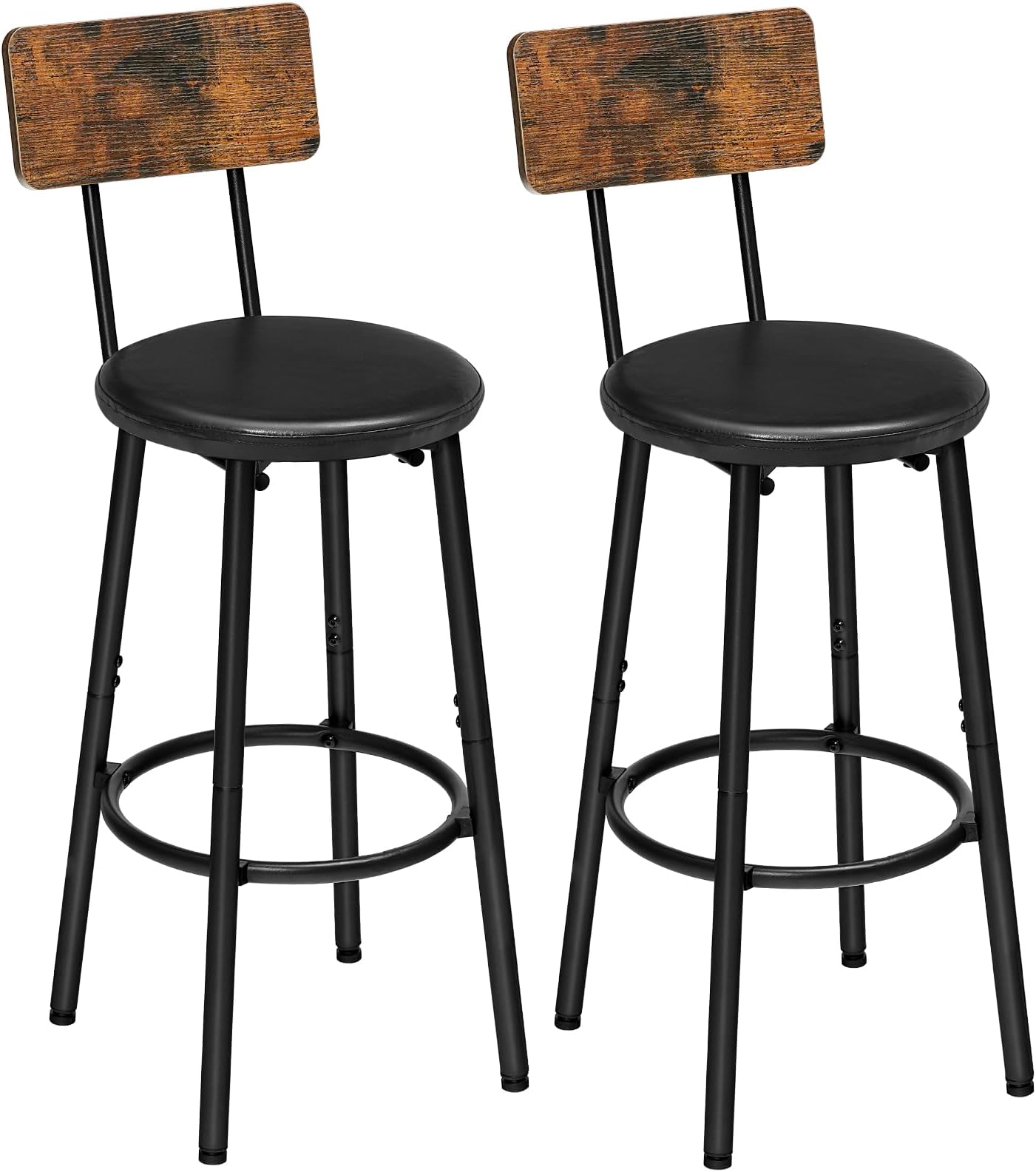 HOOBRO Bar Stools, Bar Stools Set of 2 with PU Upholstered, Bar Chairs with Footrest and Back, 26" Bar Stools for Kitchen Island, Dining Room, Easy to Assemble, Rustic Brown and Black BF31BY01G2
