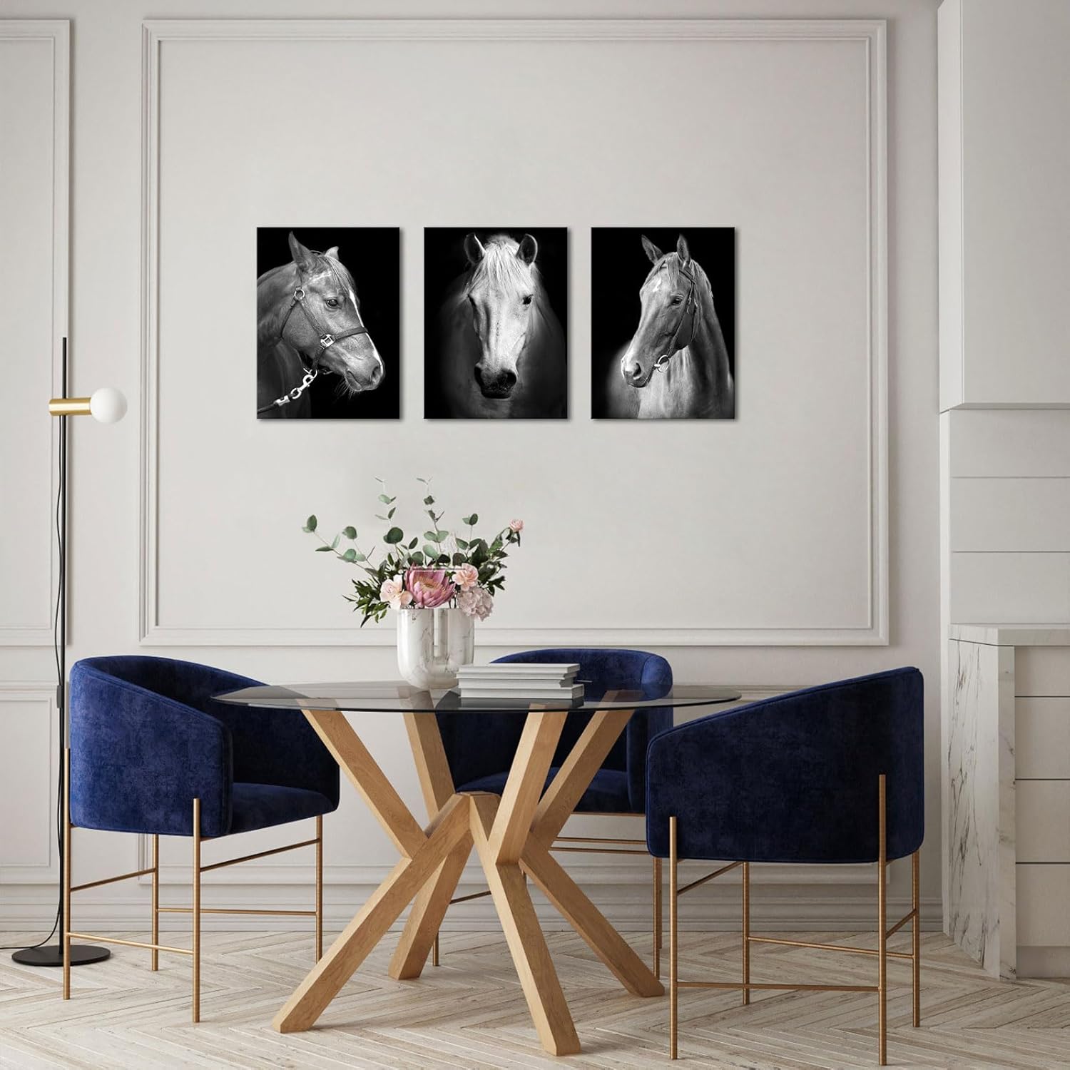 LyerArtork 3 Panel Black and White Horses Painting Picture Print on Canvas Vintage Animals Canvas Wall Art Wooden Stretched Framed Posters Prints for Home Men Office Bedroom Decoration 12"x16"x3pcs