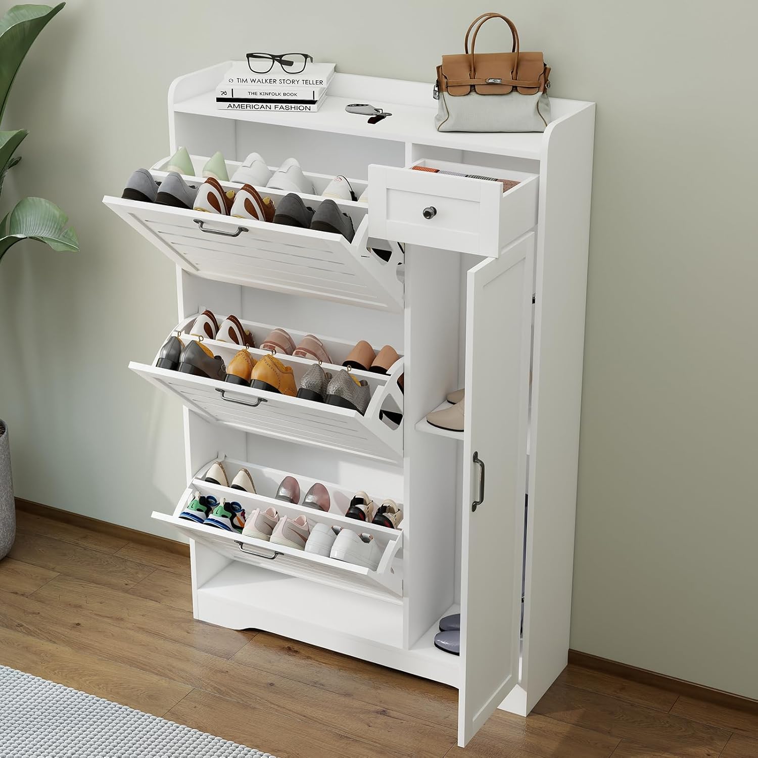 Shoe Storage Cabinet with 3 Flip Drawers, Freestanding Hidden Wooden Shoe Storage, Drawer & Adjustable Shelves, Slim Shoe Organizer for Entryway, Modern Shoe Cabinet for Hallway, bedroom, White