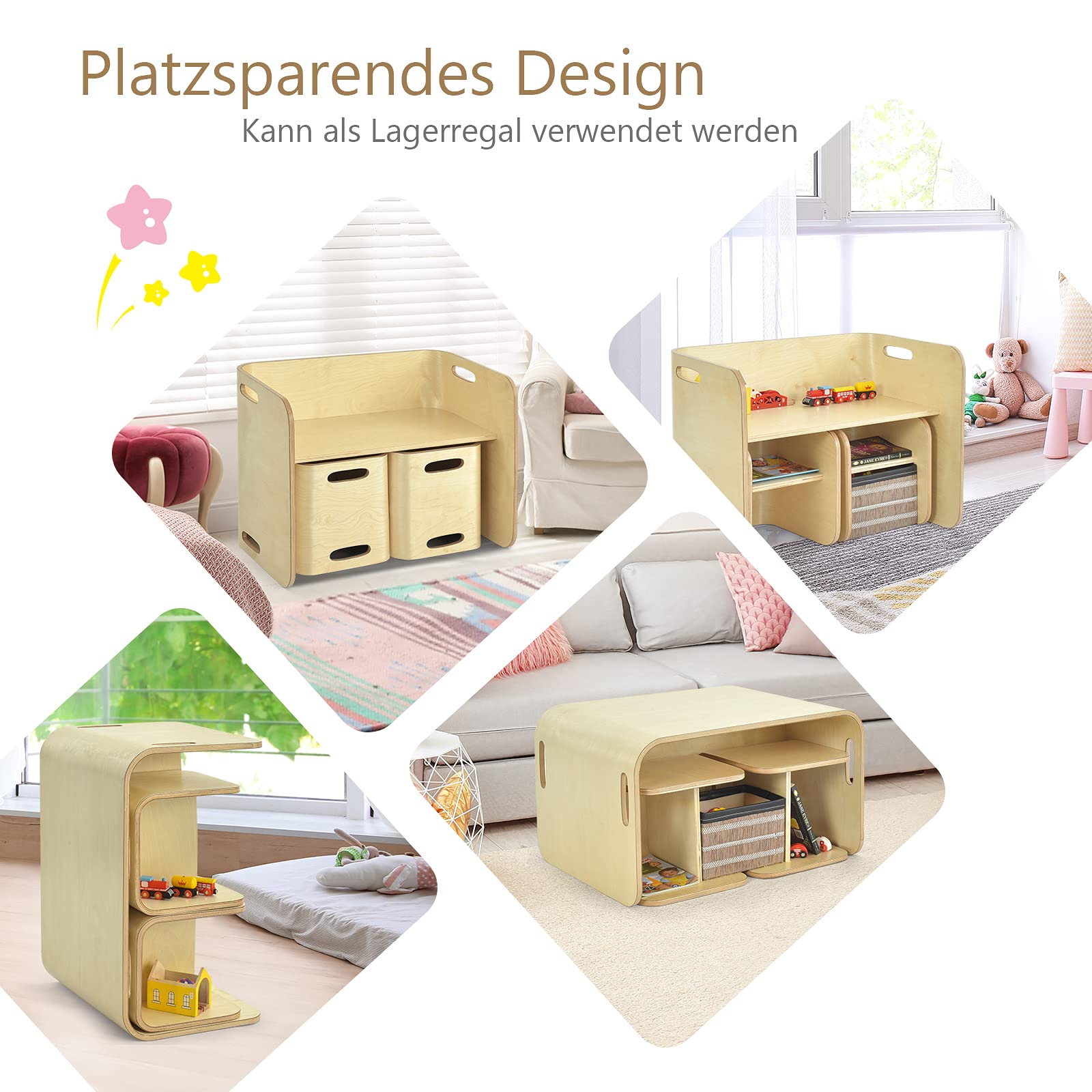 GOPLUS Kindersitzgruppe aus Birkenholz, Multifunktionsmöbel inkl. 1 Tisch und 2 Stühle für Kinder, Keine scharfen Ecken, platzsparend, Kindermöbel für Kindergarten und Kinderzimmer