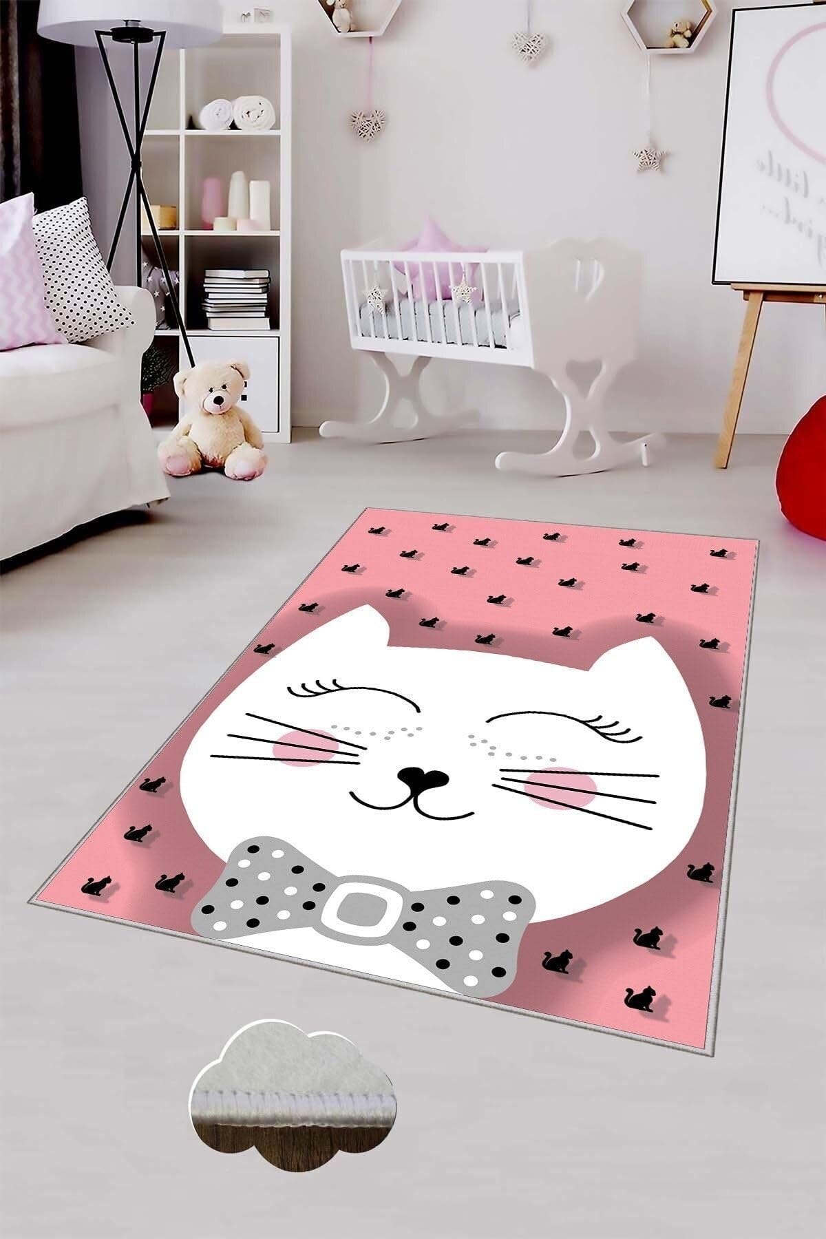 Pelangi Pembe Kedi Desenli Yıkanabilir Kaymaz Taban Leke Tutmazbebek Ve Çocuk Odası Halısı, Açık Pembe-Beyaz 160 x 300