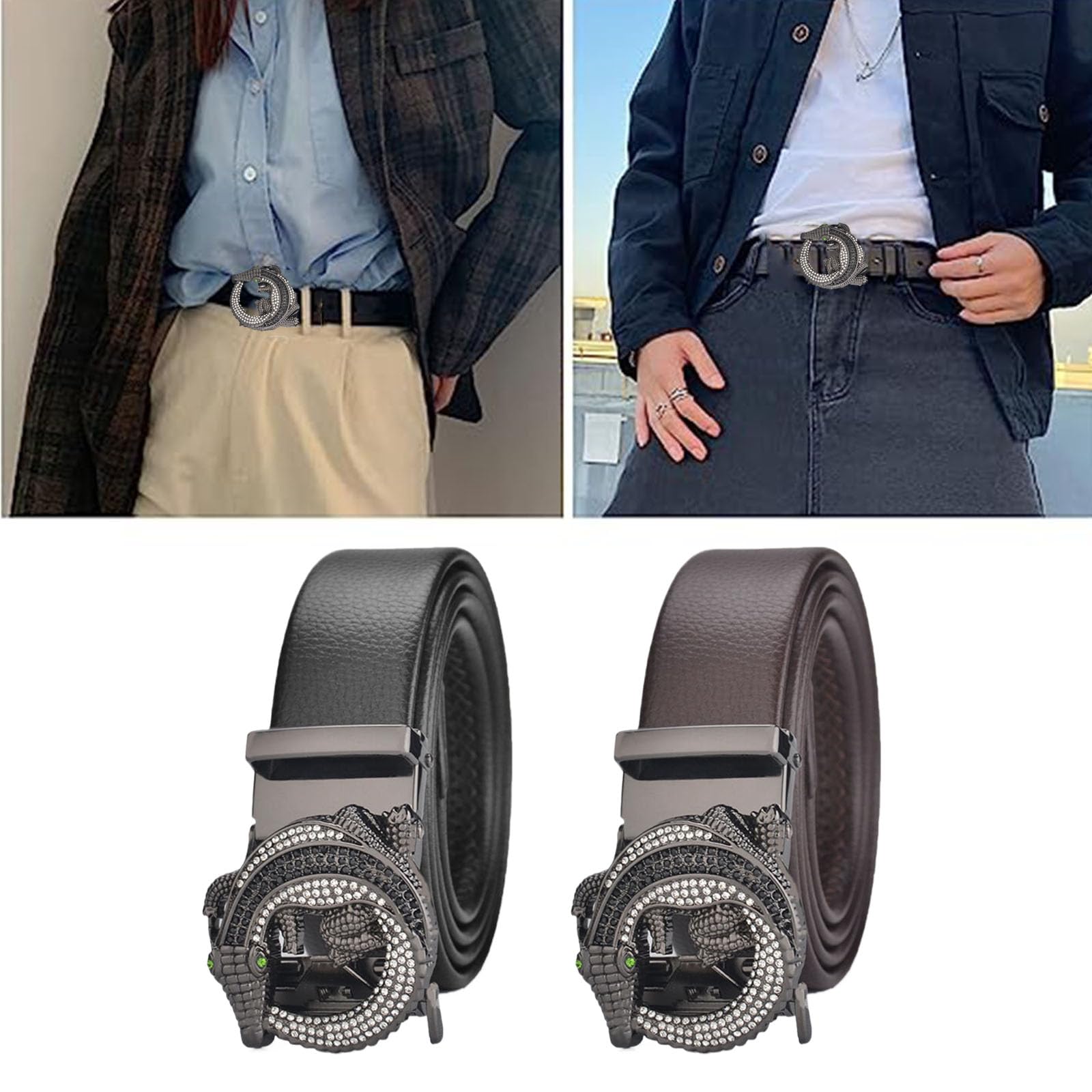Cintura,Cinture da Uomo, Cintura da Uomo con Cricchetto Cowboy con Motivo Animale Lega di Diamanti Nera Fibbia Automatica,Marrone,130CM/51.2''