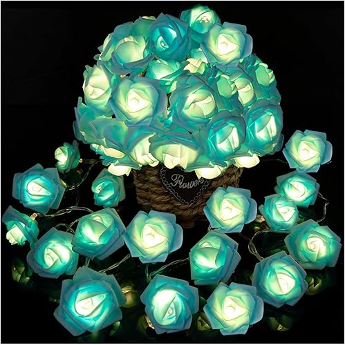Cadena de luces de rosas, 20 LED, luces de rosas azules románticas que funcionan con pilas, 3 m de guirnalda de flores artificiales LED para