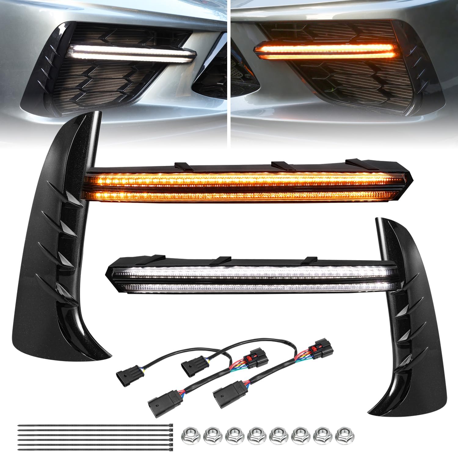 Front Bumper Grille Lights LED Turn Signal Light Daytime Running Lamps, LED Grille Bezel Light Bars Compatible with for 2020-2026 Corvette C8 Stingray Z51 Coupe Convertible Accessories