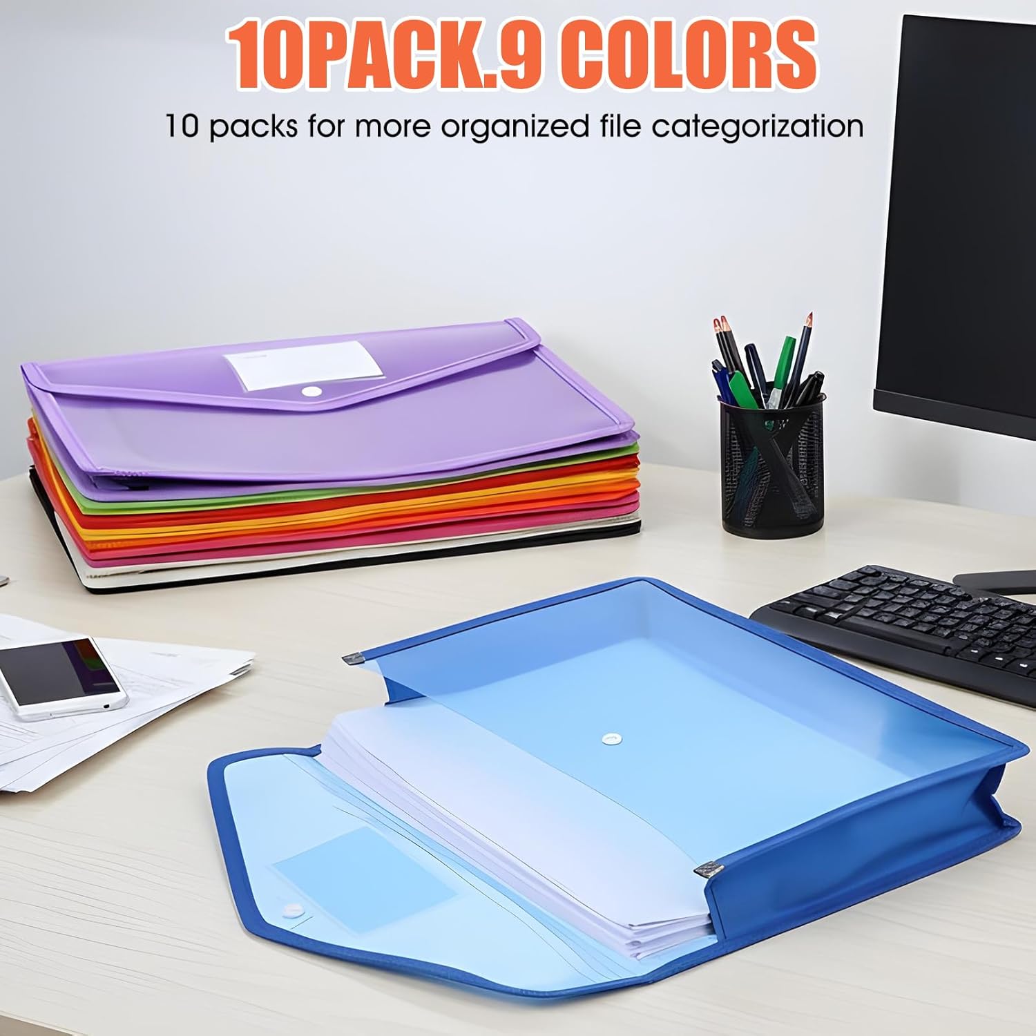 10 Pack Plastic Expanding File Folder, Folders for Documents with Snap Closure, Colorful File Folder Organizer, Transparent Accordion File Organizer, Large Capacity, Fit Letter/A4 Size, 9 Color