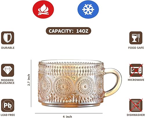 Miniatura 7 de Gezzeny Tazas de café vintage de 14 onzas, juego de 2 tazas de té de vidrio en relieve ámbar para capuchino, café con leche, cereales, yogur,