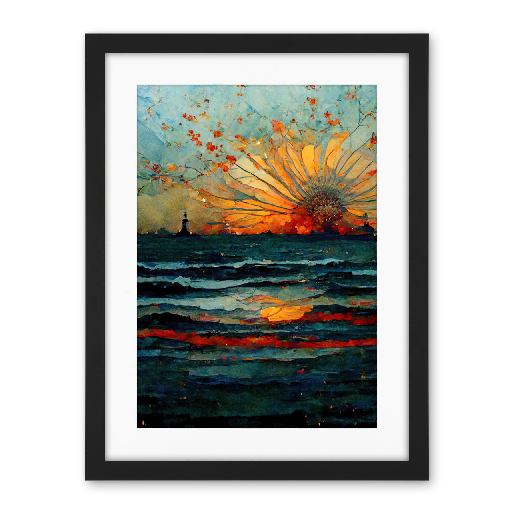 Artery8 Seascape Sunset Port City Waves Horizon Artwork Framed Wall Art Print 18X24 Inch