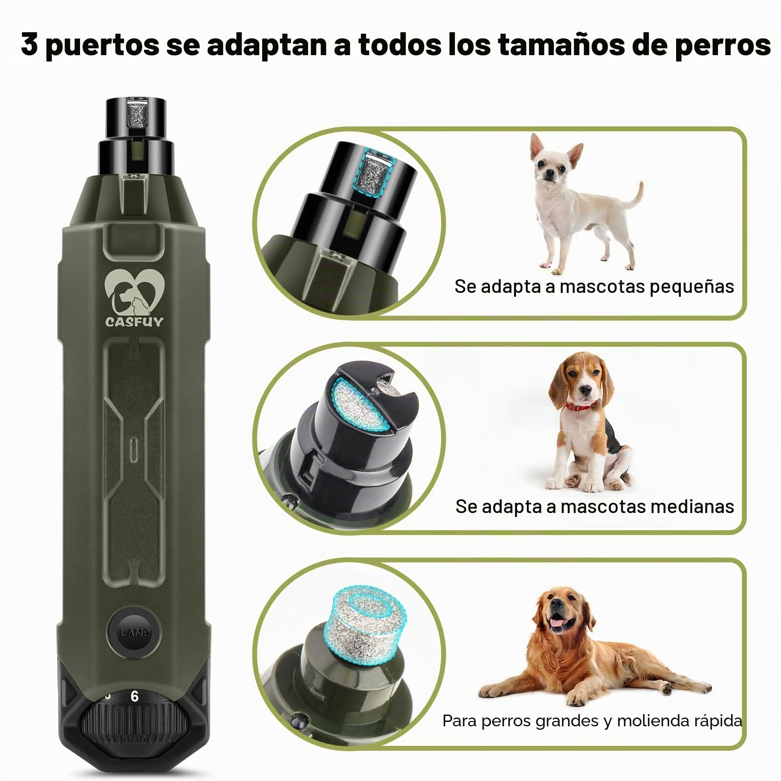Casfuy - Lima de uñas para Perros de 6 Velocidades, Cortador de uñas Eléctrico Recargable de para Mascotas, Cuidado y Alisado de Patas para Perros y Gatos de Todos los Tamaños
