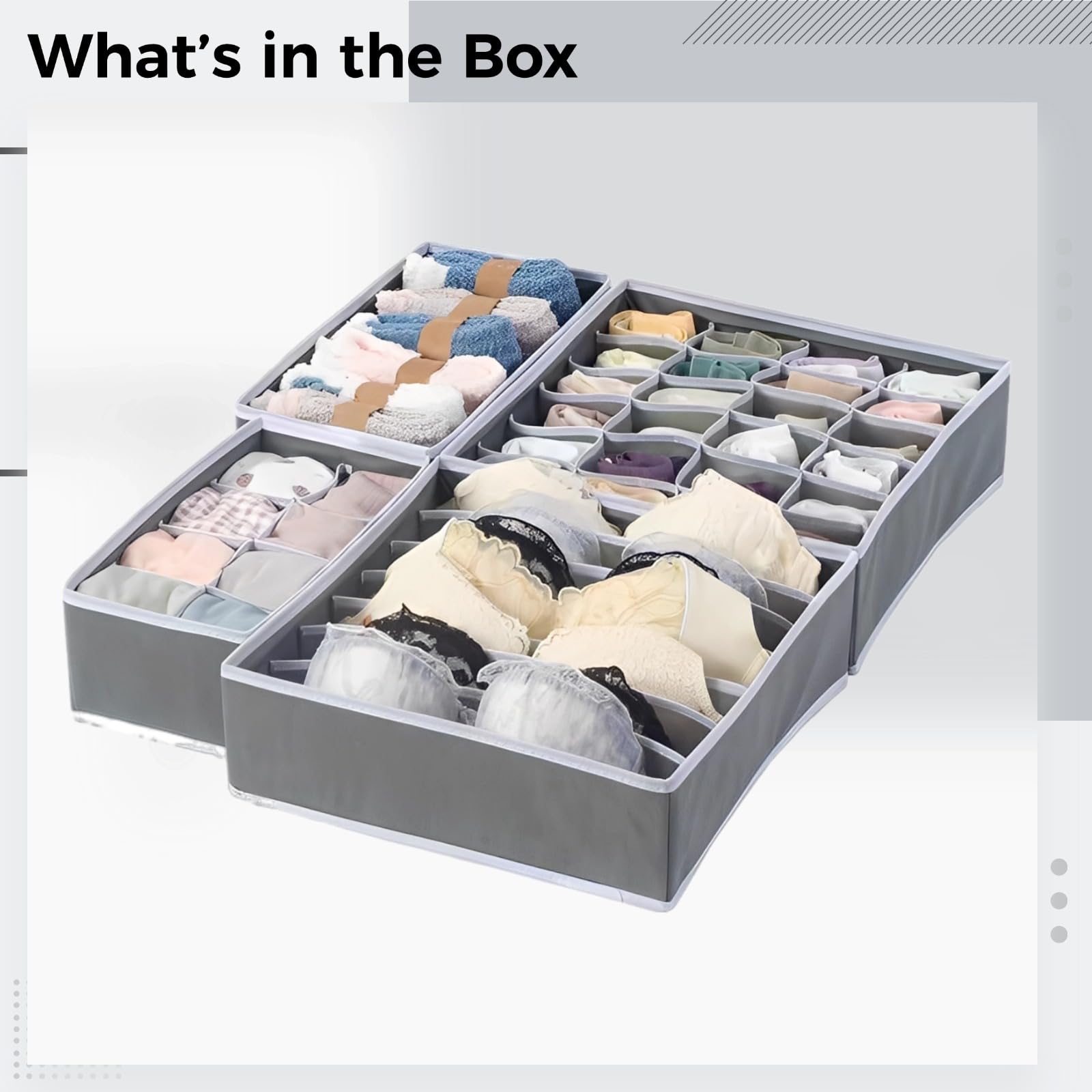 Lot de 4 organiseurs de tiroir, organiseur de chaussettes en tissu non tissé pour tiroir, organiseur pour tiroir à sous-vêtements, organiseurs de placard pliables, avec compartiments, gris