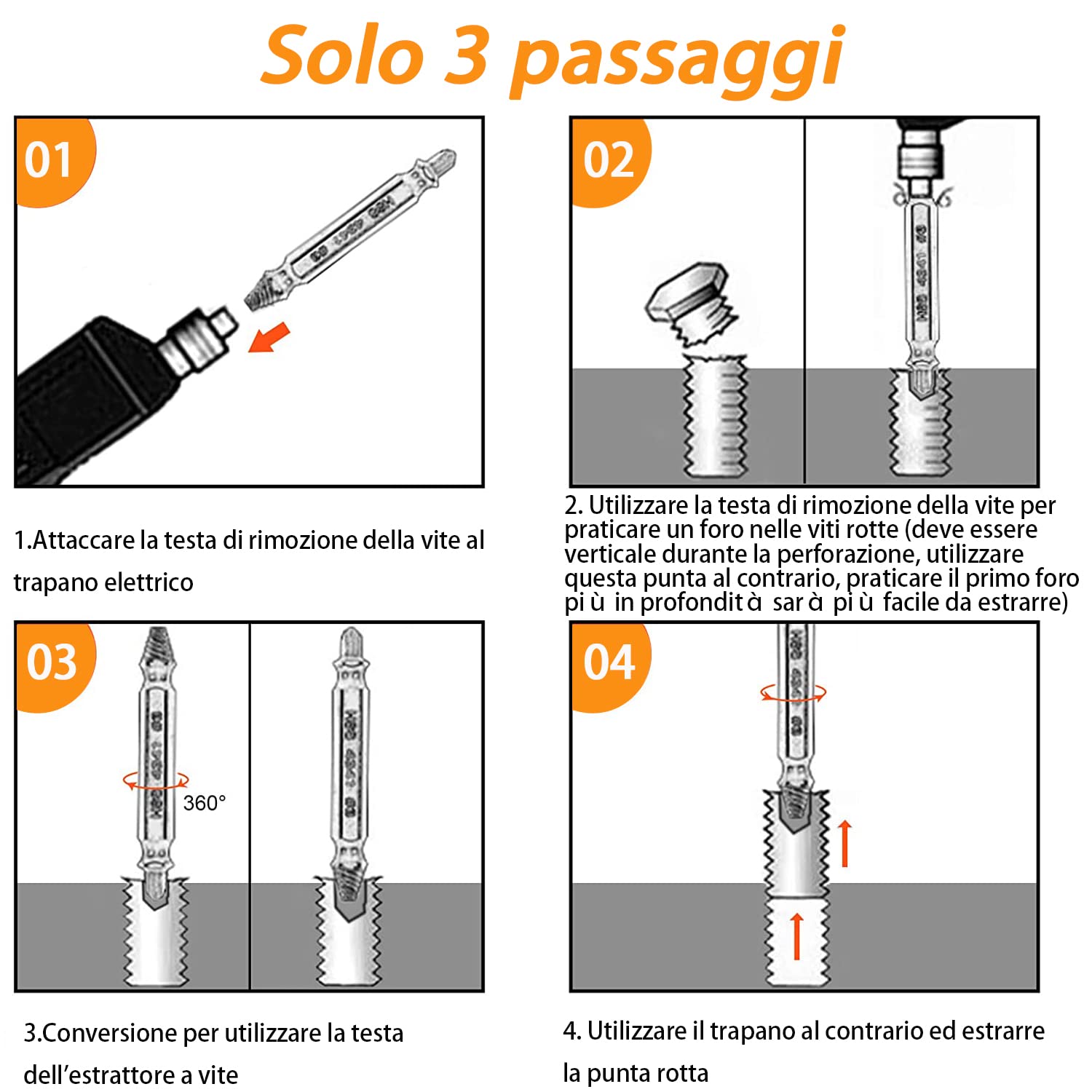 6 Pcs Estrattori Viti Danneggiate, Estrattore Viti Spanate, Dispositivo Di Rimozione Bullone Rotto In Acciaio H.S.S 4341# per Danneggiati/Spellati