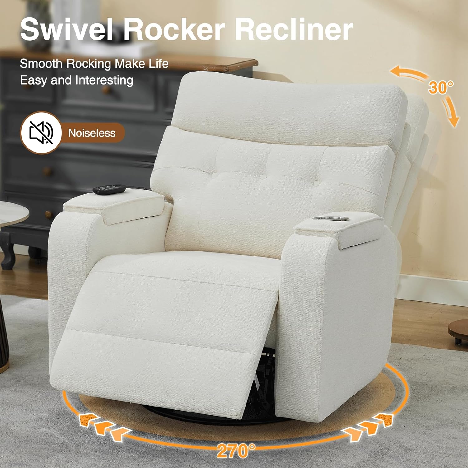 Swivel Power Recliner with Massage & Heat, Power Rocker Recliner with Type-C Port & Timing, Oversized Rocking Recliners with Dual Storage Arms & Cup Holder for Living Room, Chenille White