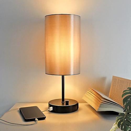 Miniatura 8 de Lámparas de mesita de noche de 15.75 pulgadas con puertos USB A+C y salida de CA, pequeña luz de mesita de noche para dormitorios, lámpara de