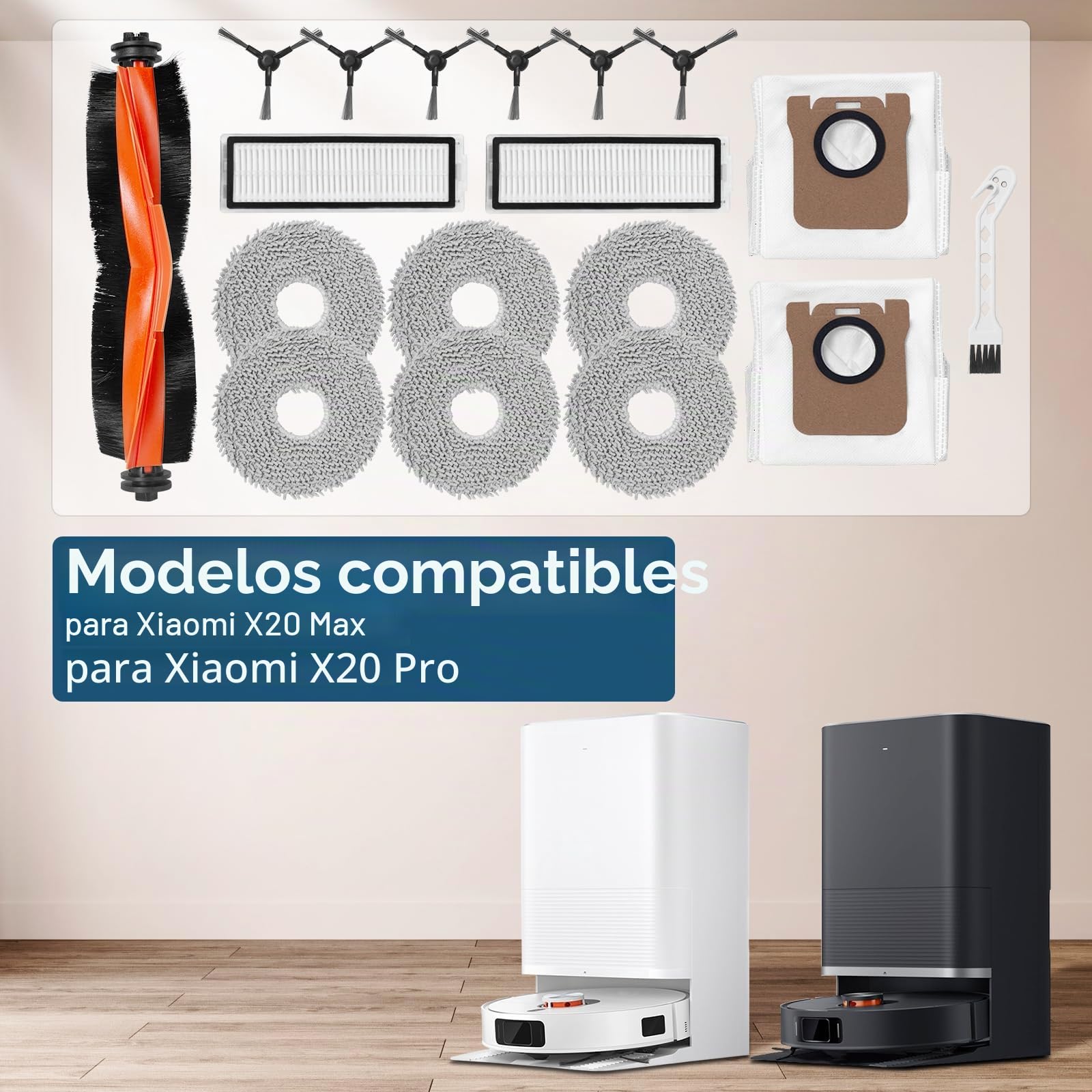 18 Kit de accesorios para Xiaomi X20 Max / X20 Pro Robot Aspirador, 1 Cepillos Principales, 6 Cepillos Laterales, 6 Toallitas, 2 Filtros, 2 Bolsas para el polvo, 1 Cepillo de limpieza