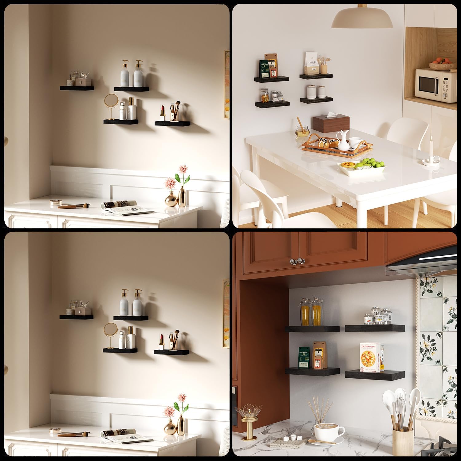 Floating Shelves for Wall, Bathroom Shelves Over Toilet, Wall Shelves & Book Shelf for Room, Hanging Shelf, Modern Wooden Wall-Mounted Small Floating Shelves, 12x7x1.5 in (Black, Set of 4)