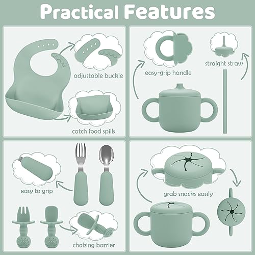 Miniatura 5 de Juego de alimentación de silicona para bebés, suministros de destete para bebés, utensilios esenciales para comer con placa de succión y cuenco,