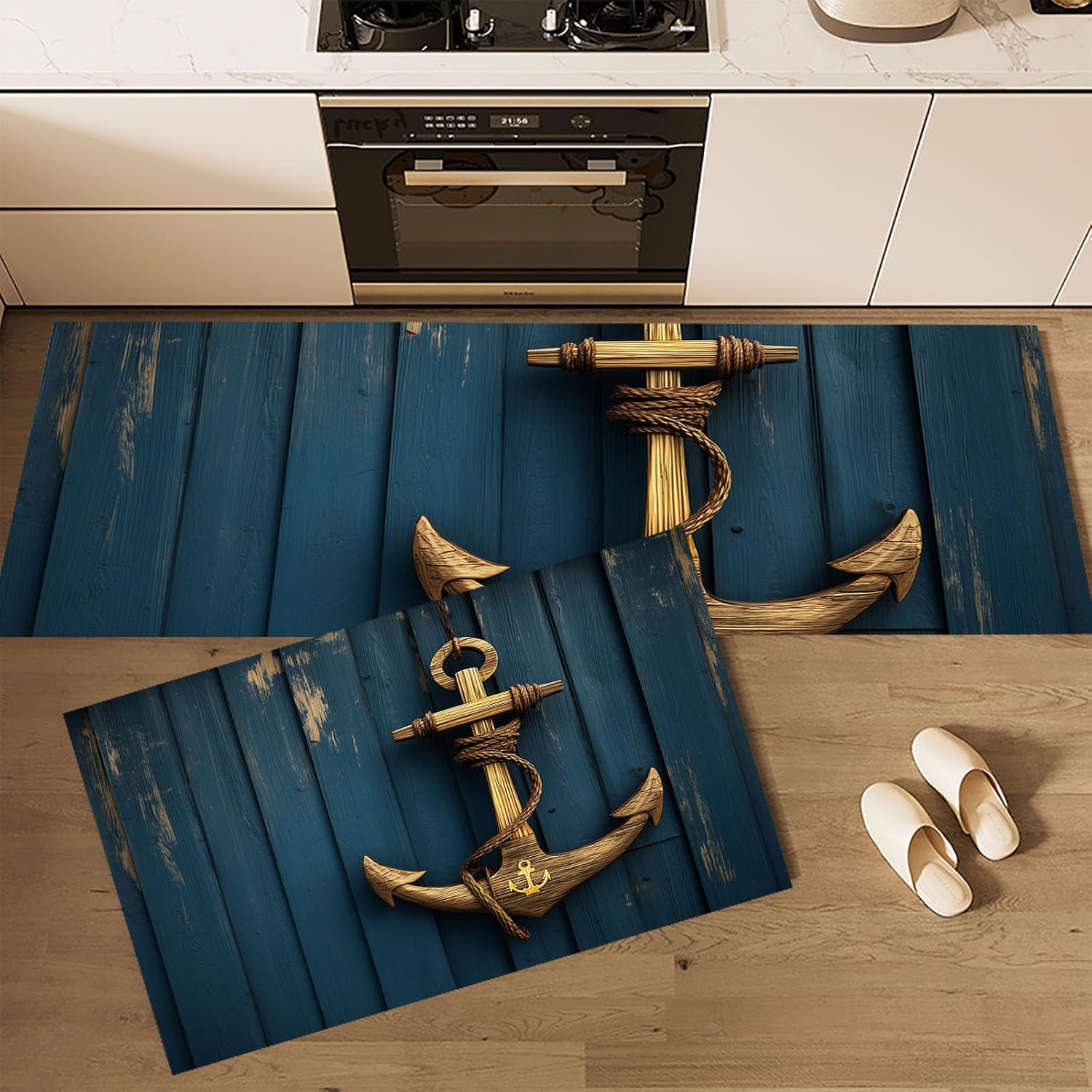 Wooden Anchor Kitchen Mats Sets, 2 Piece Nautical Theme Kitchen Rugs, Waterproof Non-Slip Anti-Fatigue Home Runner Washable Standing Floor Mats 17.3"x59"+17.3"x30" Navy