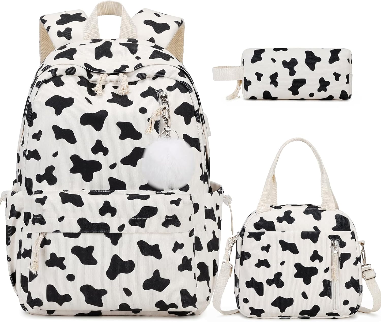 ACESAK Backpack for Girls - Corduroy Girls Backpack with Lunch Bag & Pencil Pouch for Teen Kids Laptop Bag for Women, Middle High School Bookbag Travel Daypack (Milk Cow)