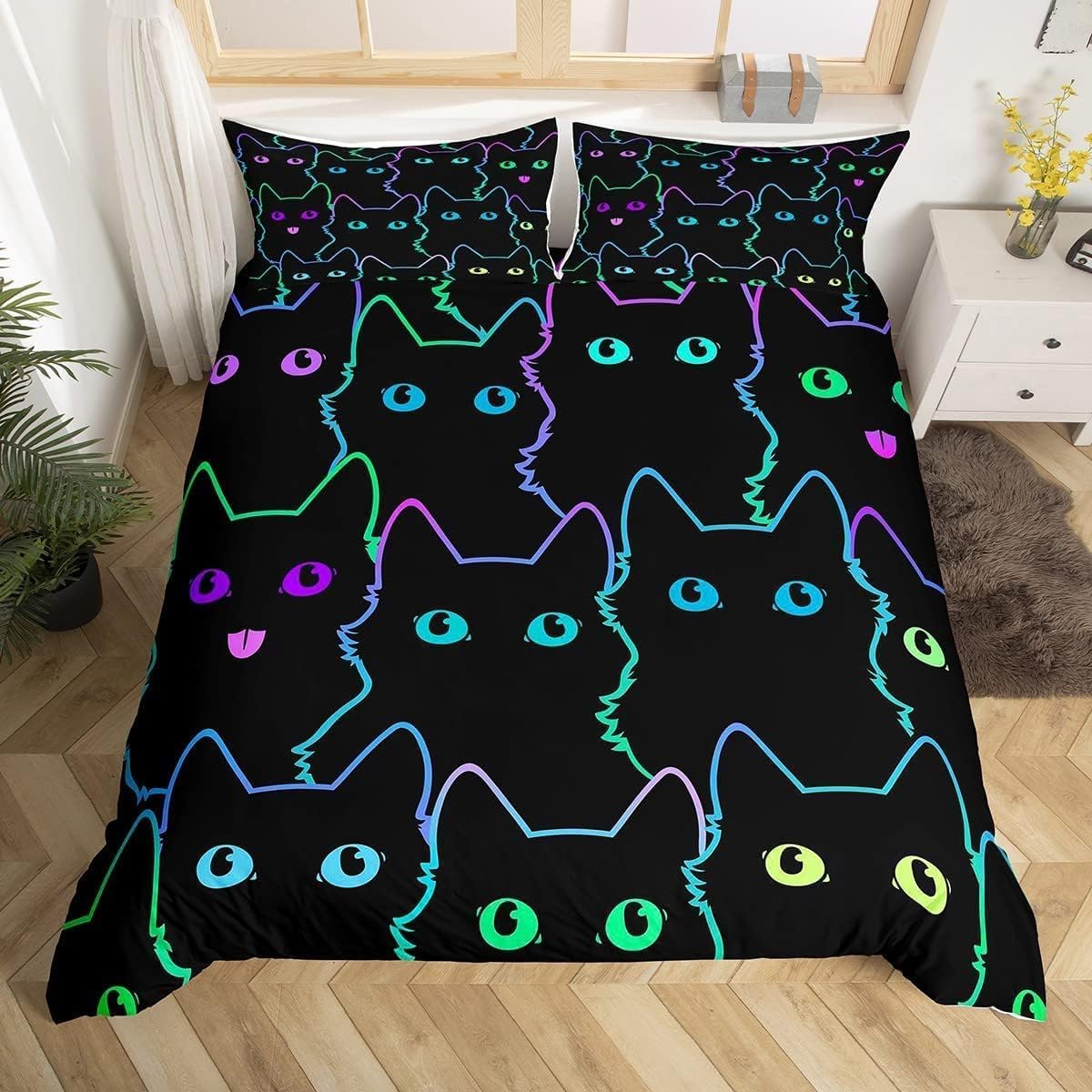 Loussiesd Cartoon Cat Bedding Set for Girls Boys Children Pet Cats Comforter Cover Cute Kitten Neon Light Duvet Cover Colorful 3D Animal Cat Lover's Junior/Cot Bed 2Pcs - Image 2