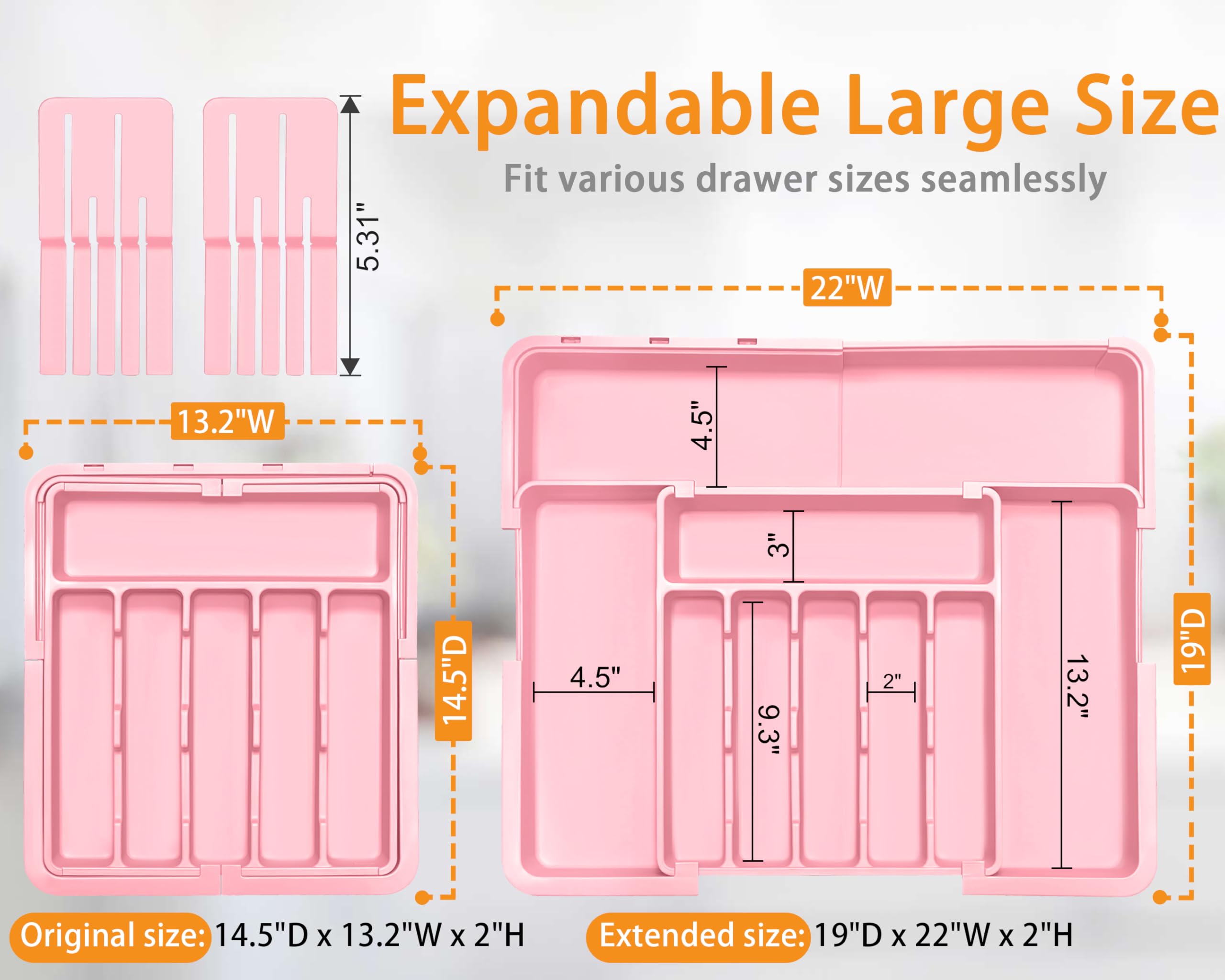Homecor Silverware Organizer – Grande organizer espandibile per cassetti da cucina con 2 inserti per ceppi coltelli, vassoio portaposate da 55,9 x 48,9 cm, con divisori per cassetti, per posate da