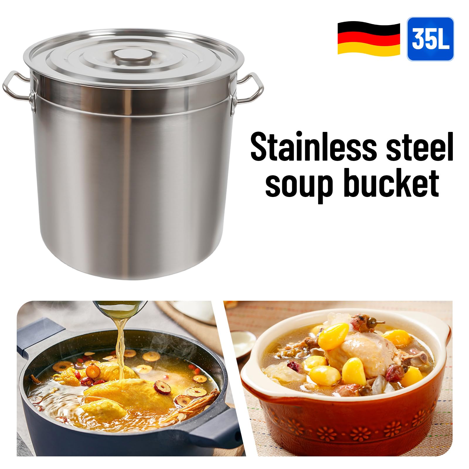 Grande pentola in acciaio inox da 35 litri per uso professionale con coperchio - Spessore della parete di 1,2 mm per gastronomia/casa, lavabile in lavastoviglie e antiruggine (Ø37,5cm) - Incl