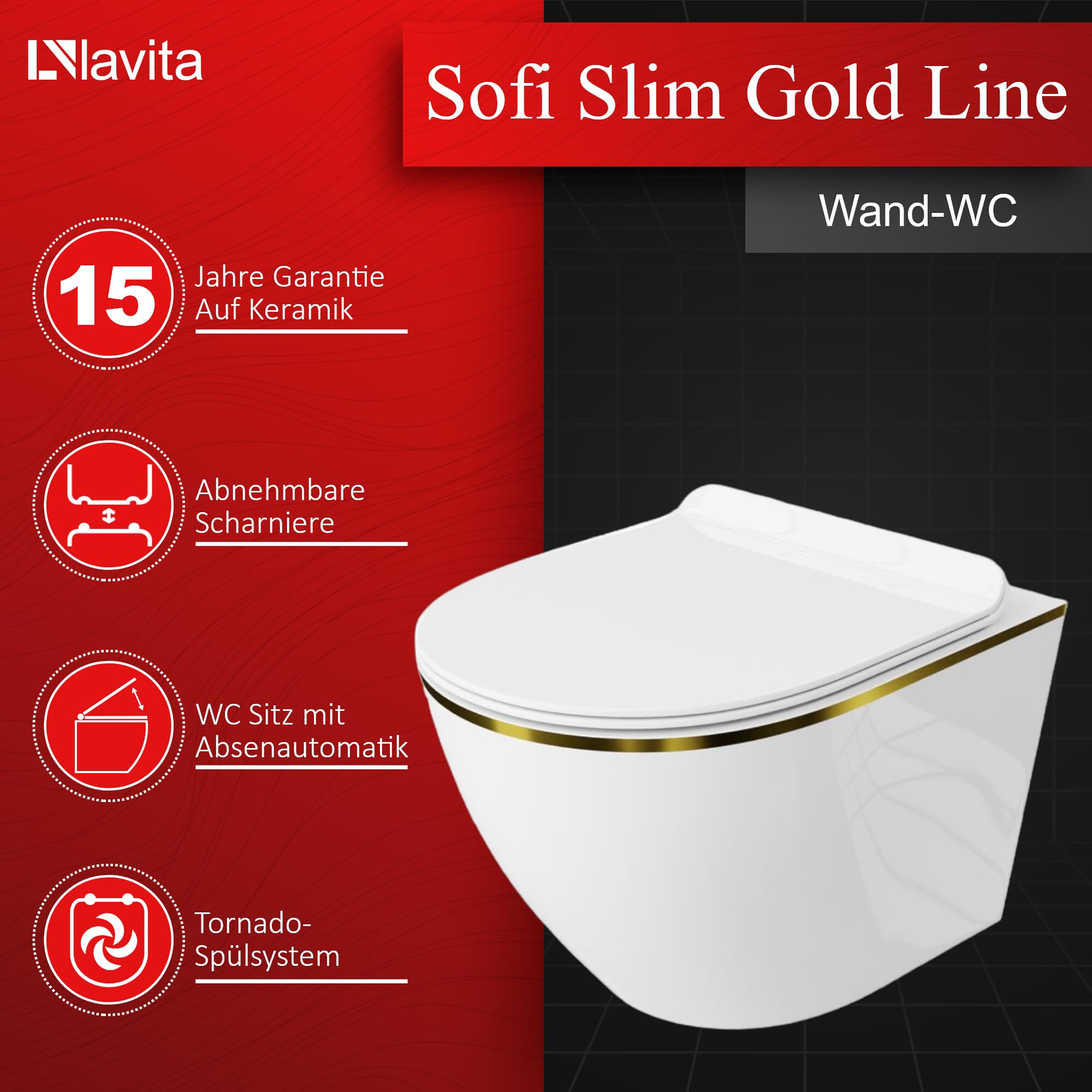 LAVITA Wand-WC Hänge Toilette mit WC-Sitz, Toilettendeckel mit Absenkautomatik & Metallscharniere Spülrandlos Hängend Toilettenbecken, Sofi Slim Gold Line 365x490x395 mm Weiß/Gold