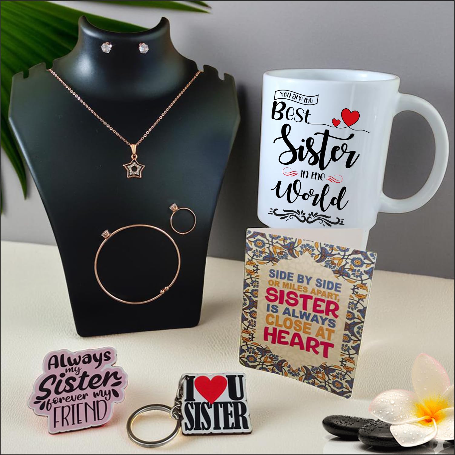 PICRAZEE Gift for Sister on Raksha Bandhan, Birthday & All Occasions – Fashion Jewelry Set, Ceramic Mug, Wooden Keyring & Fridge Magnet and Greeting Card Gift Combo for Sister