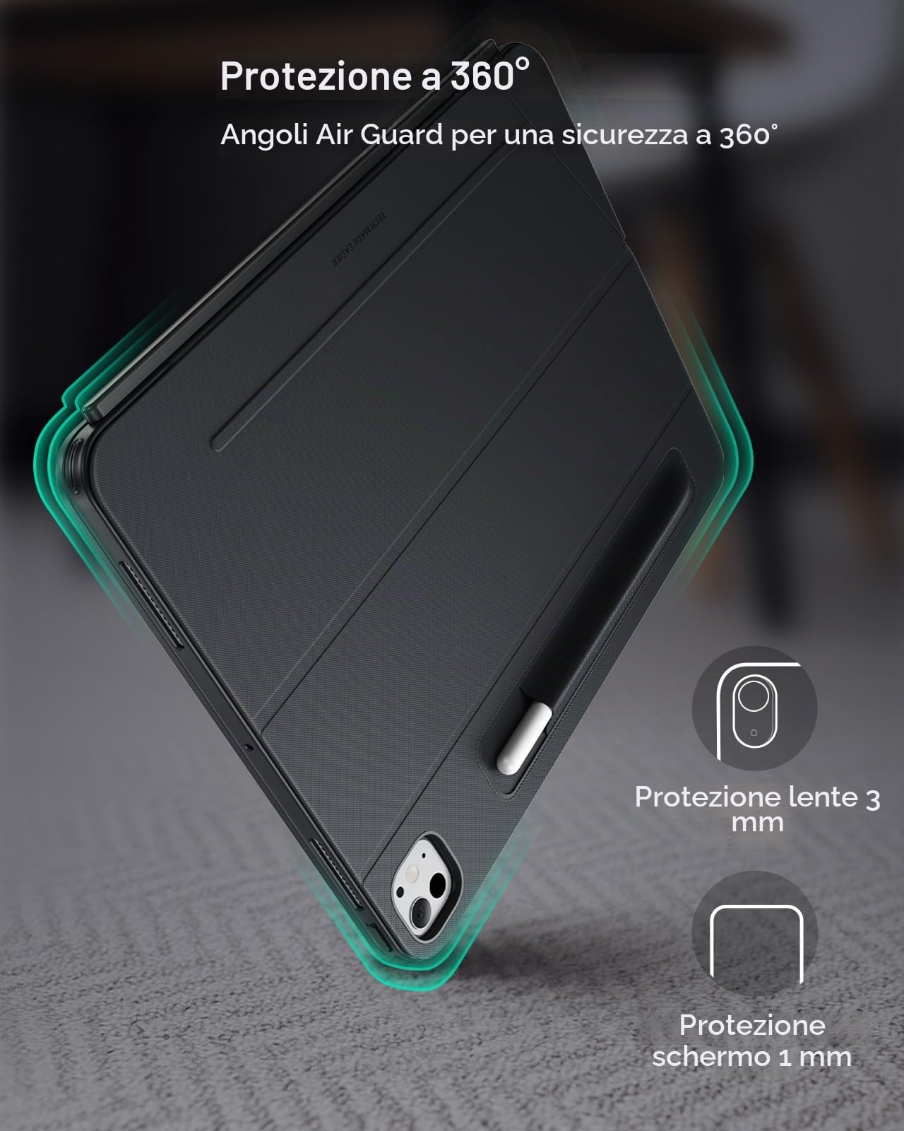 ESR per iPad Pro 11" (M5/M4) Custodia con Tastiera, Supporto Multi-angolo | Tastiera magnetica rimovibile, verticale e orizzontale, grande trackpad, tasti retroilluminati, DEU QWERTZ, Grigio Scuro