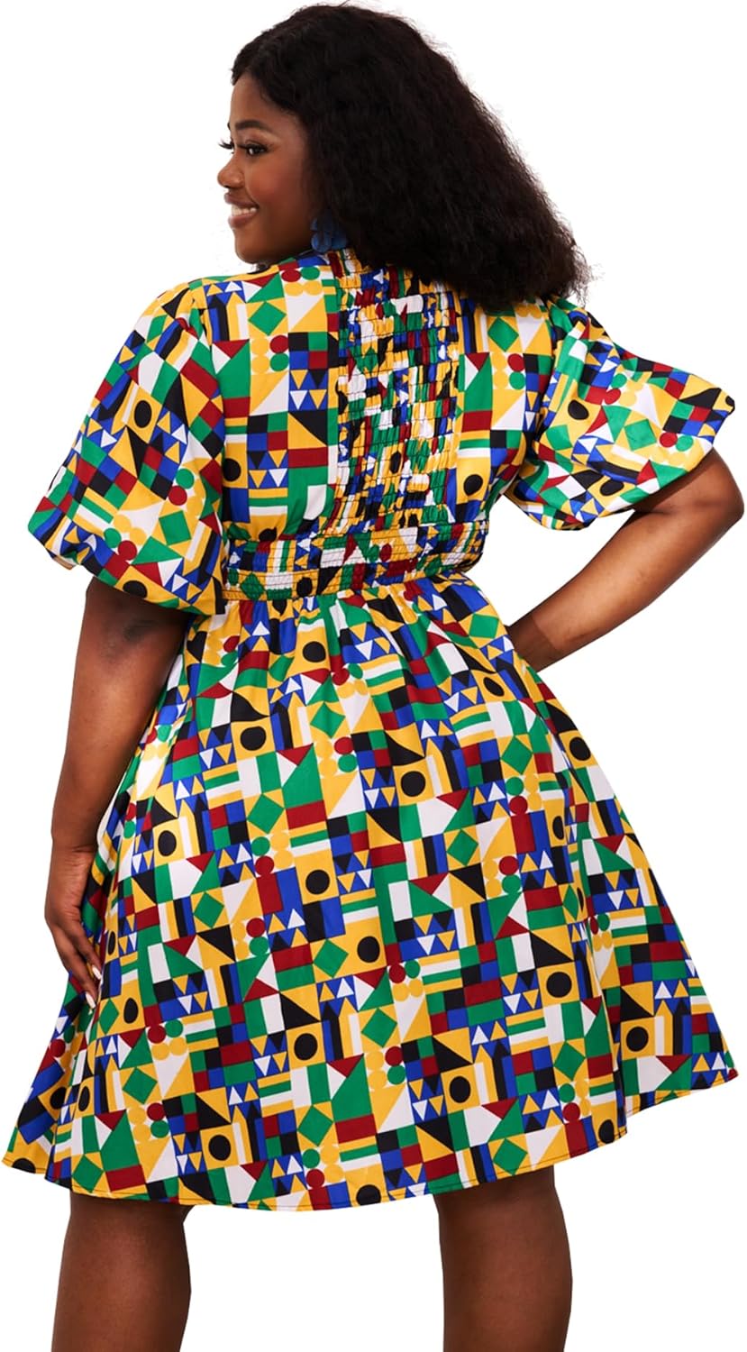 Women African Floral Print V Neck Dresses Ankara Lantern Sleeves Short Dress - Image 6