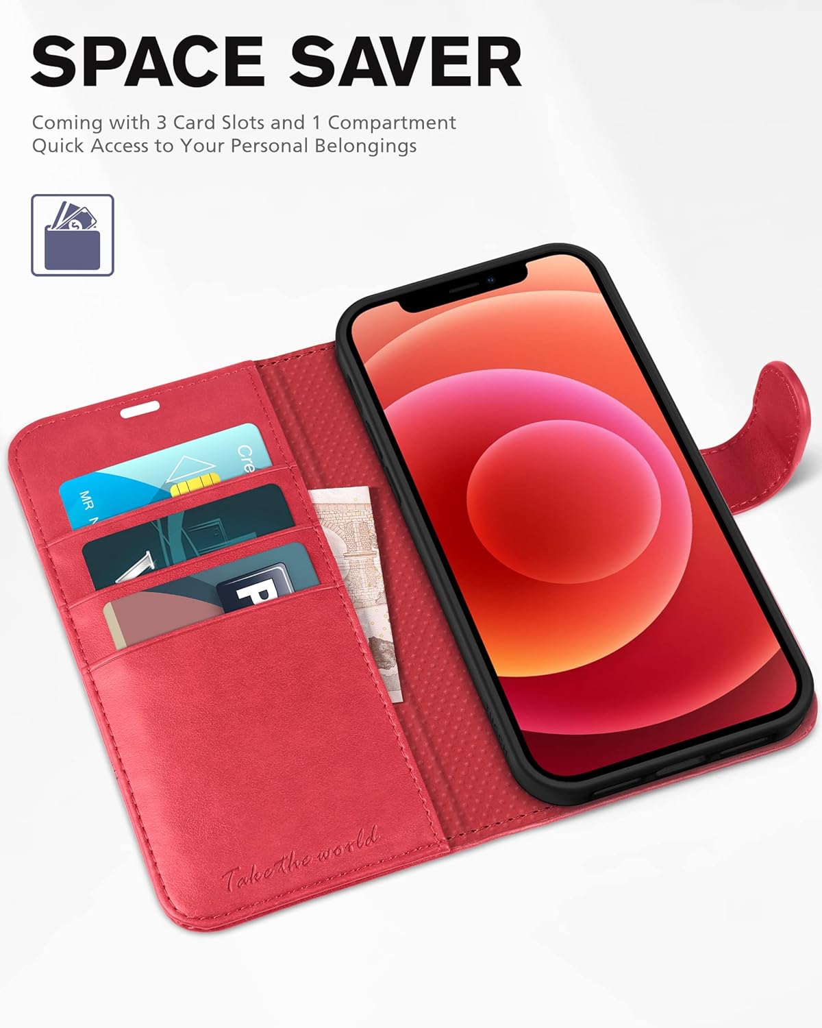 TUCCH Wallet Case for iPhone 12 Pro/12 5G, RFID Blocking Card Slot Stand [Shockproof TPU Interior Case] PU Leather Magnetic Protect Flip Cover Compatible with iPhone 12/12 Pro 6.1-inch, Red