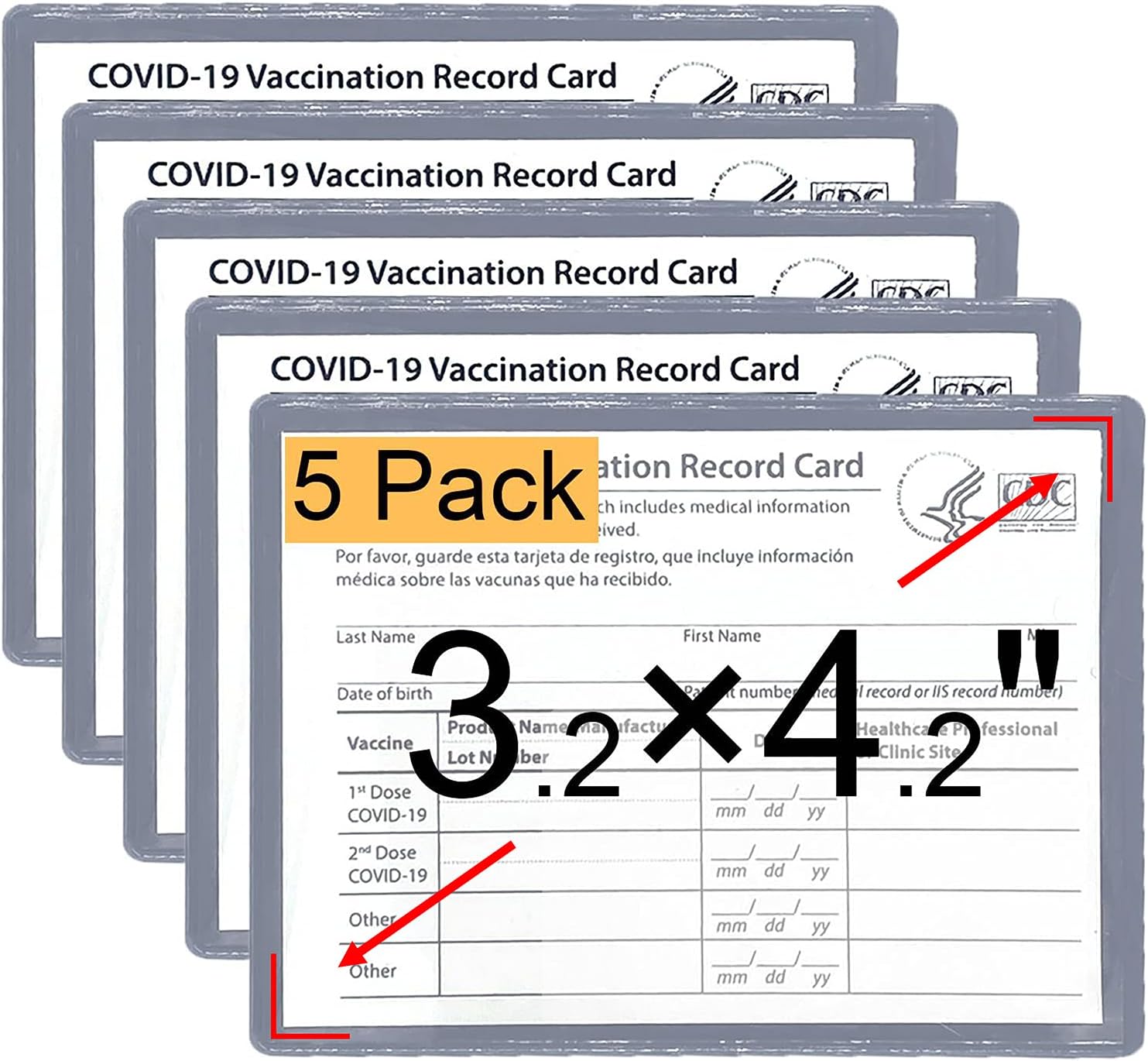 5-Pack Scratchproof Vaccination Card Holder, CDC Vaccine Card Protector 4.2 X 3.2 Inches Spill-Resistant Immunization Vaccinate Record Cards Plastic Holder, for Badge Record ID Card Name Tag (Grey) : Office Products