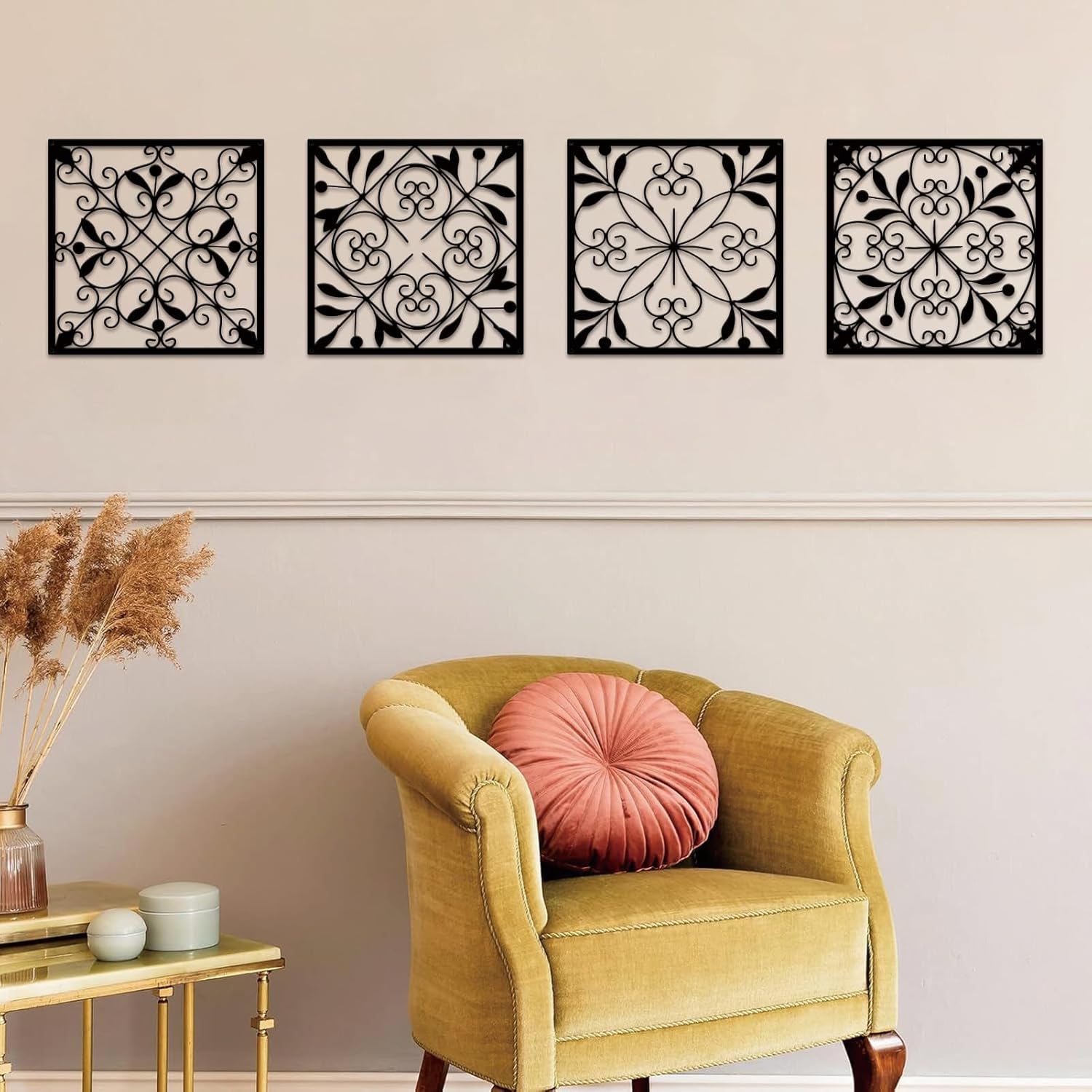 Resama 4 Pieces Rustic Wall Decor Farmhouse Wall Decor for Living Room Metal Hollow Carved Design Metal Decorative for Home Bedroom Kitchen Office (Black,Square)