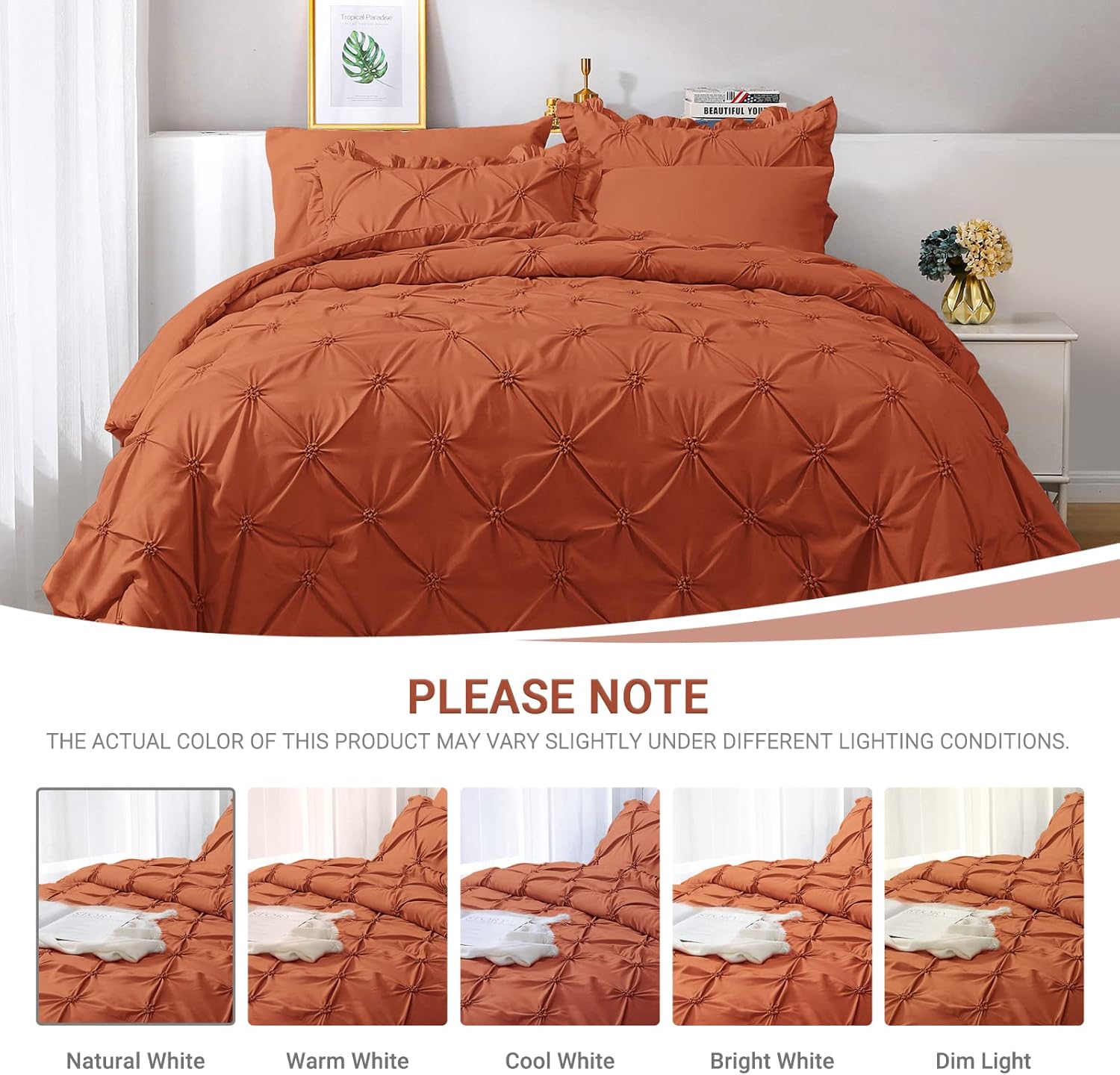 JOLLYVOGUE Burnt Orange Cal King Size Comforter Sets 7 Pieces, Pintuck Bed in a Bag Comforter Set for Bedroom, Bedding Comforter Sets with Comforter, Sheets,Ruffled Shams & Pillowcases - Image 3