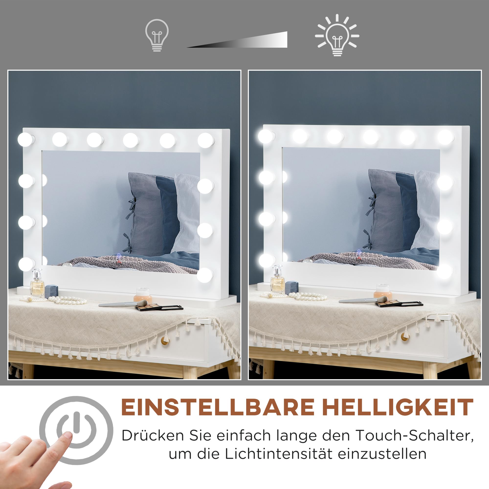 HOMCOM Hollywood Make-upspiegel, verlicht, led, dimbaar, met