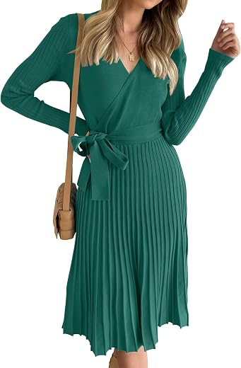 ZESICA Women's 2023 Autumn Long Sleeve Wrap V-Neck Ribbed Knit Pleated A-line Pullover Dress with Belt