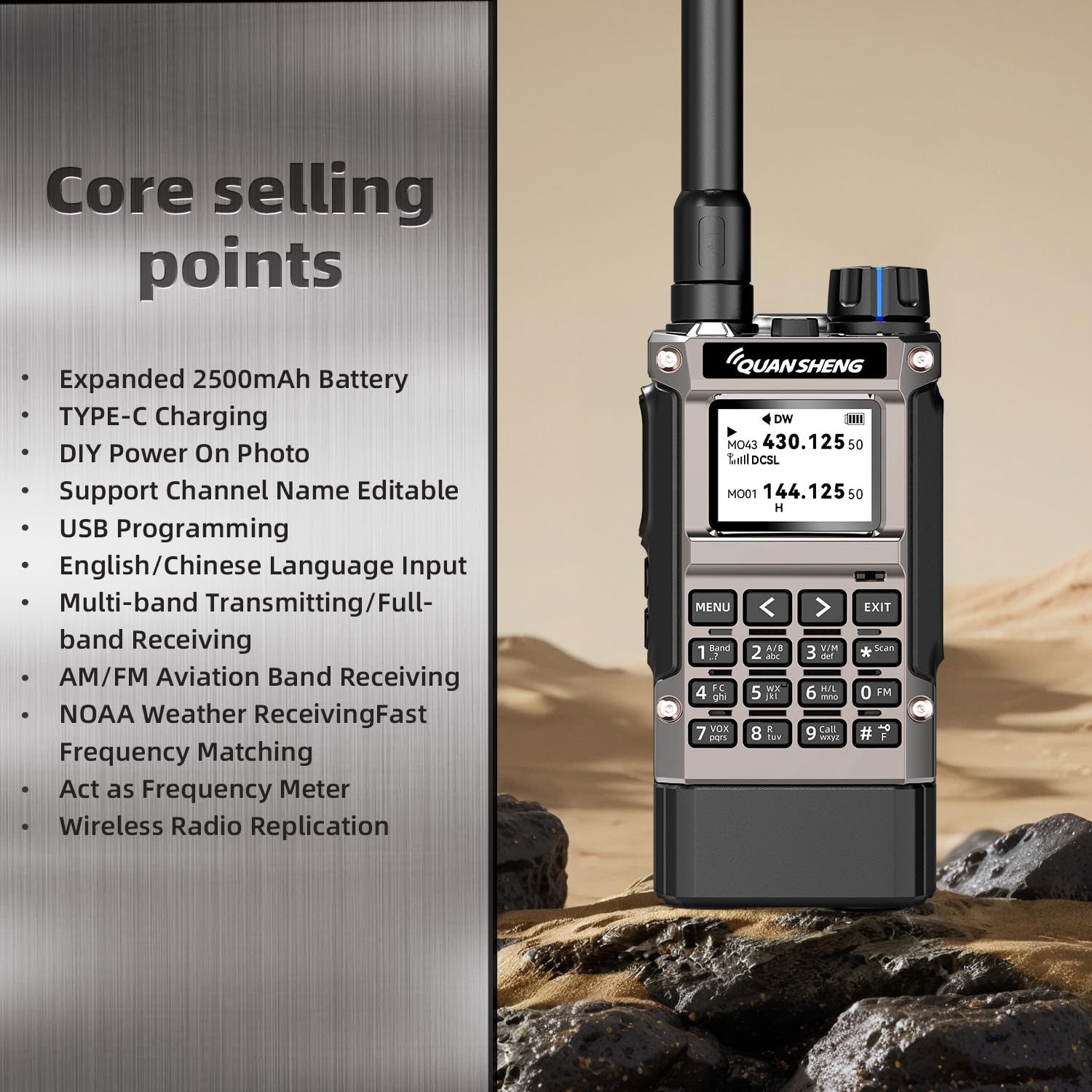 QUANSHENG Breitbandradio UV-K1 (8) Walkie Talkie Handheld Ham Radio, 2500mAh, Akku mit hoher Kapazität, 50-600MHz, Full Band Empfänger, Air Band, One Key Frequency Match, Wireless Copy, NOAA