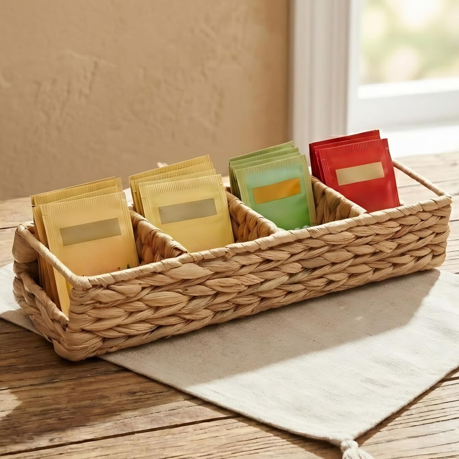 Trovea Wicker Tea Organizer and Storage Box, 4-Compartment Water Hyacinth Tea Bag Holder for Tea Bar, Drawer, and Countertop Organization